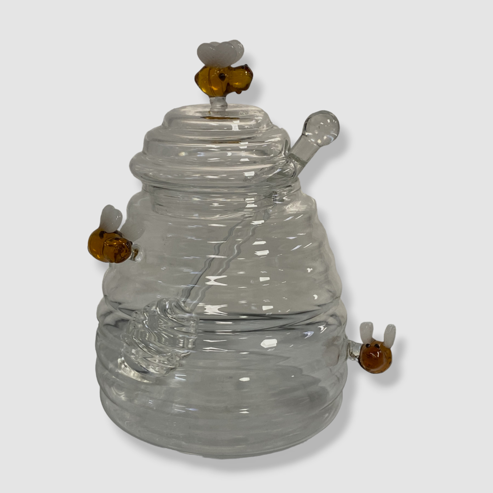 $43 Neiman Marcus Botanical Clear Glass Lid Bee Kitchen Handcrafted Honey Jar