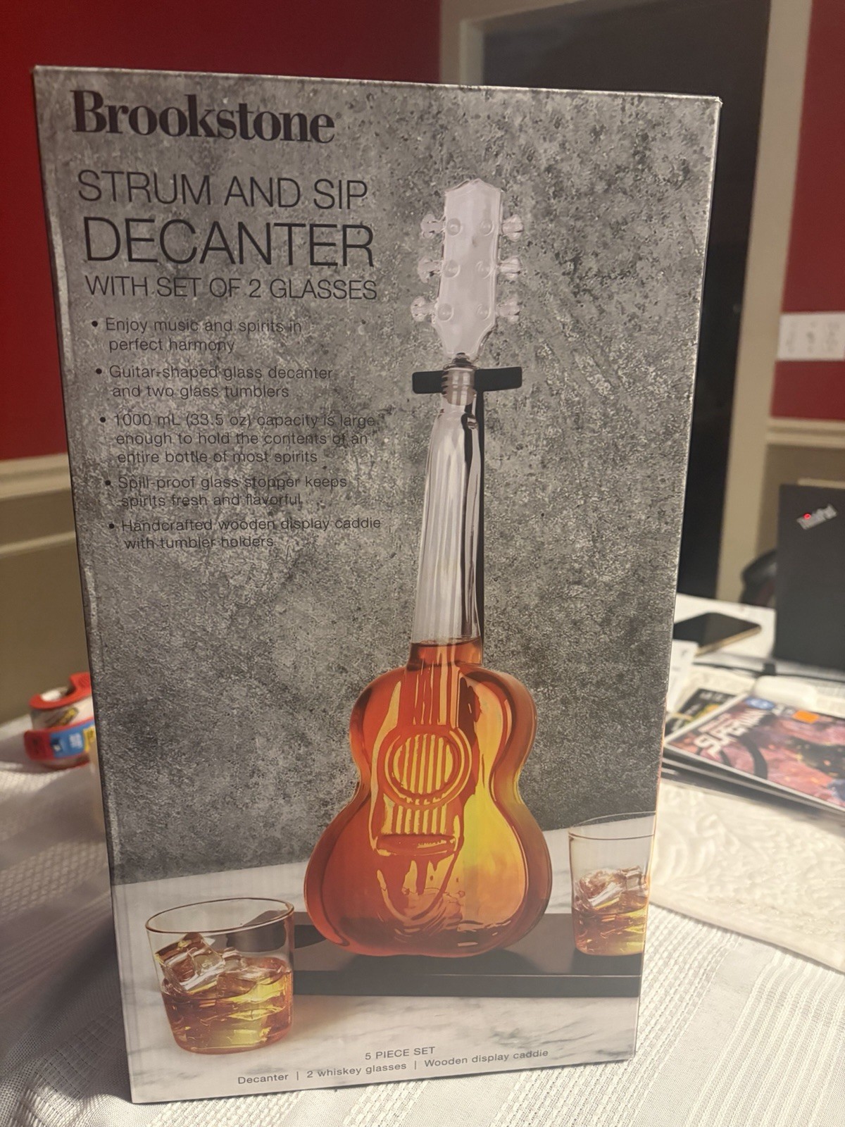 Brookstone Strum And Sip Guitar Whiskey Decanter With Two Glasses. Brand new.