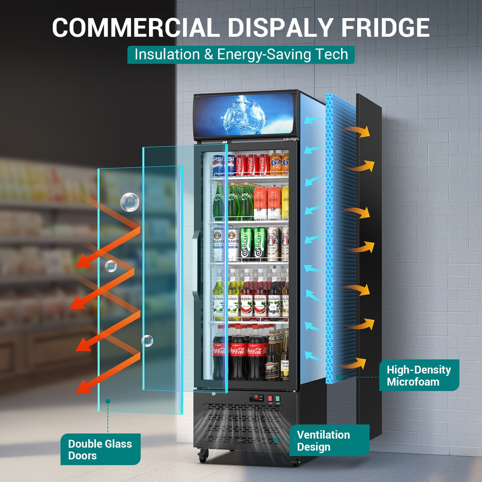 Commercial Merchandiser Refrigerator 14.8 CU.FT Glass Door Upright Beverage Frid