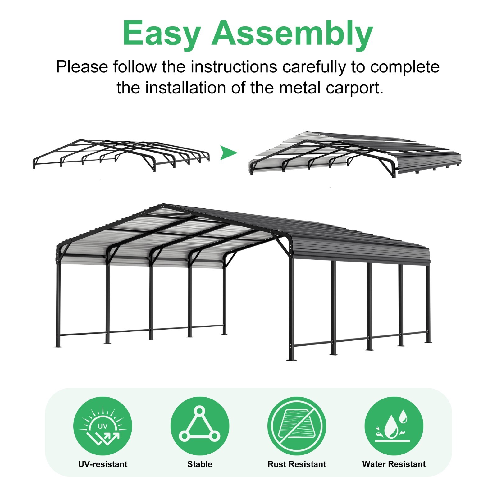 Heavy-Duty Metal Carport 20x20FT/12x20FT/10x15FT Outdoor Shelter for Car & Boat
