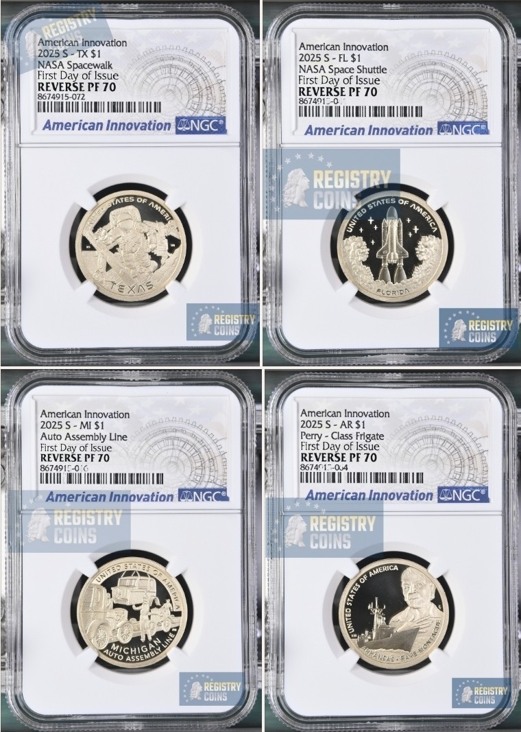2025 S REVERSE PROOF AMERICAN INNOVATION TX FL AR MI NGC PF70  First Day Issue %