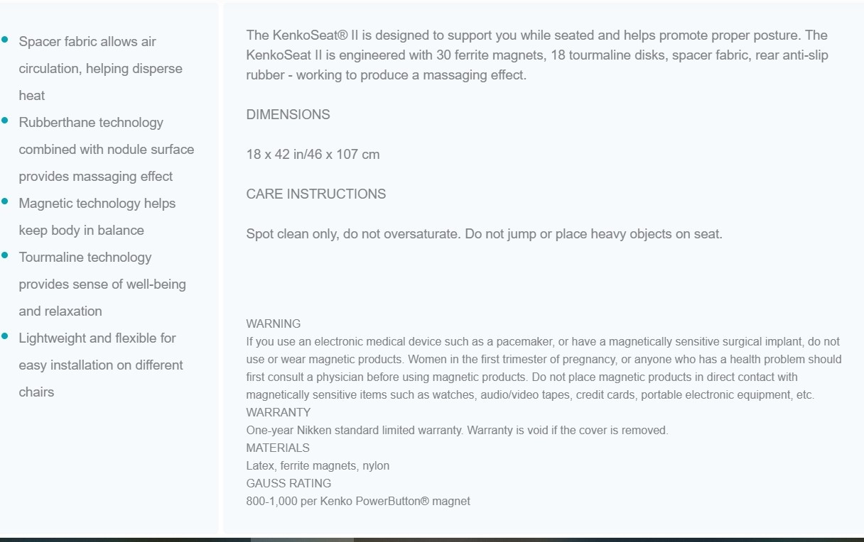 Nikken KenkoSeat II Magnetic Car & Office Chair Cushion Back Support Pad 18"x42"