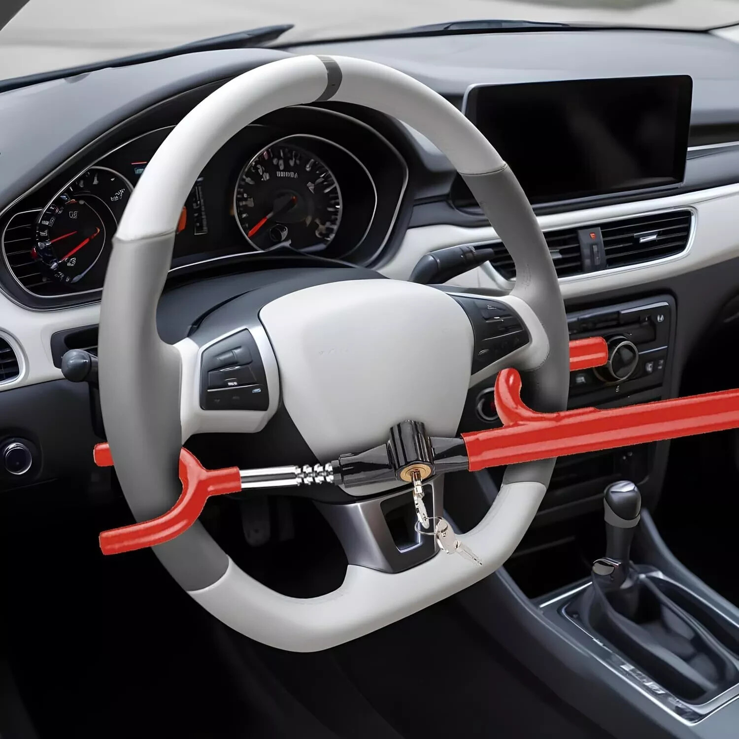 Red Steering Wheel Lock Club Twin Hook Anti Theft Universal Car Van Truck SUVs