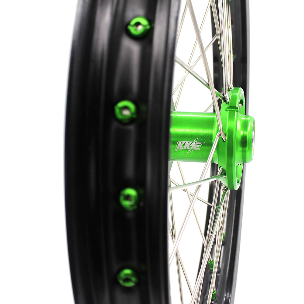 KKE 19/16 Spoked Kid's Big Wheels Set Fit KAWASAKI KLX140 16-2017 Green Nipples
