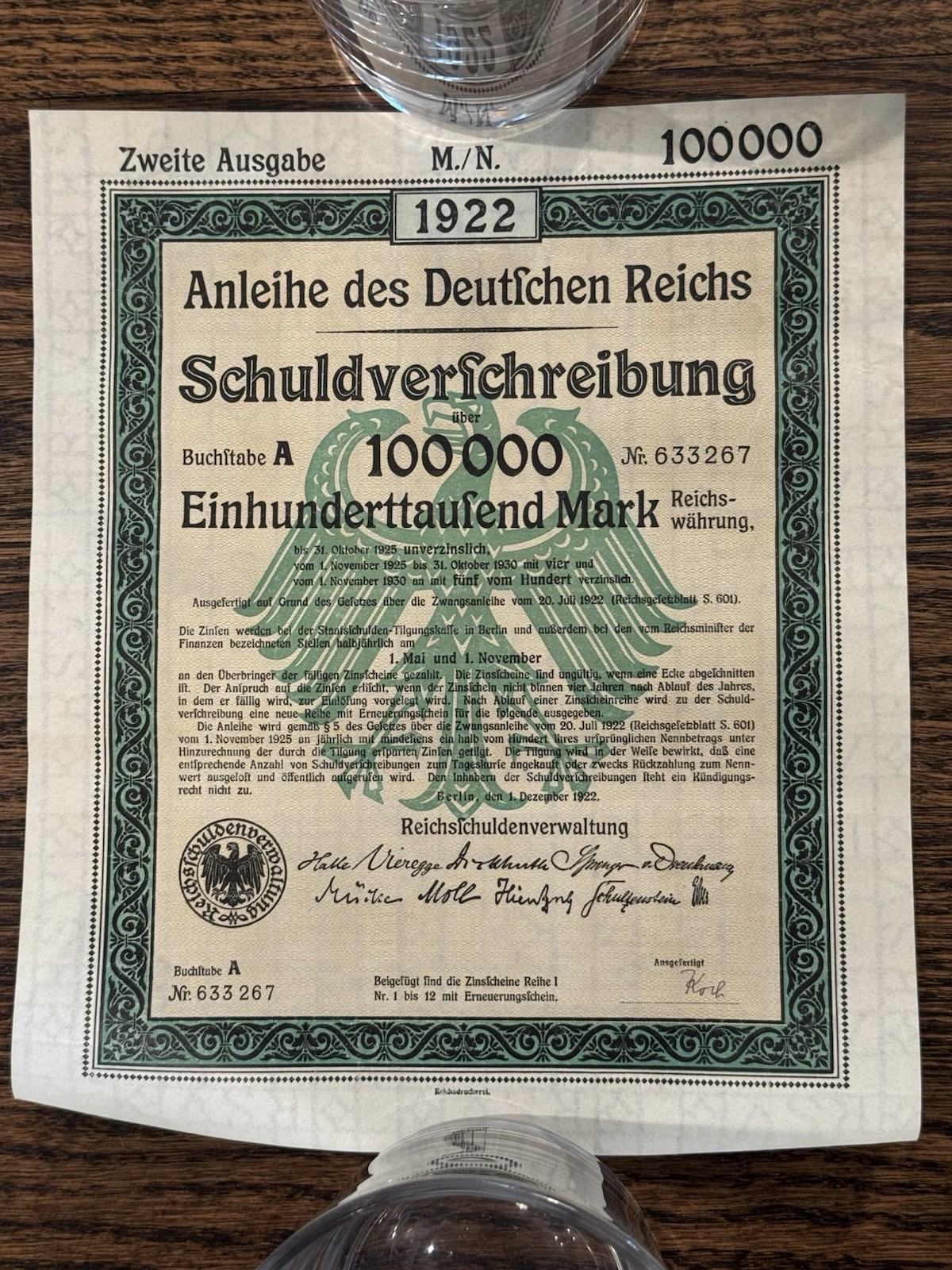 GERMANY Weimar Republic 1922 Berlin German Treasury Bond w/ Coupons 100,000 Mark
