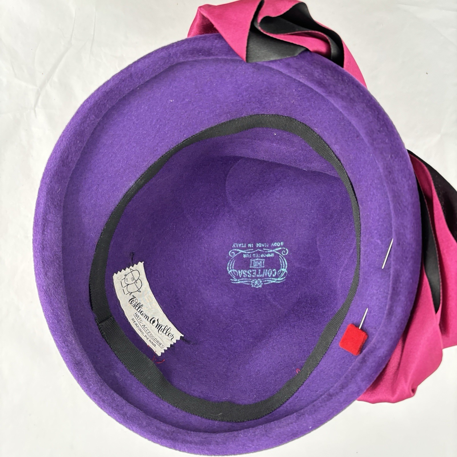 Vtg 60s Contessa William A Miller Cloche Hat Purple Felt Pink Bow Cocktail