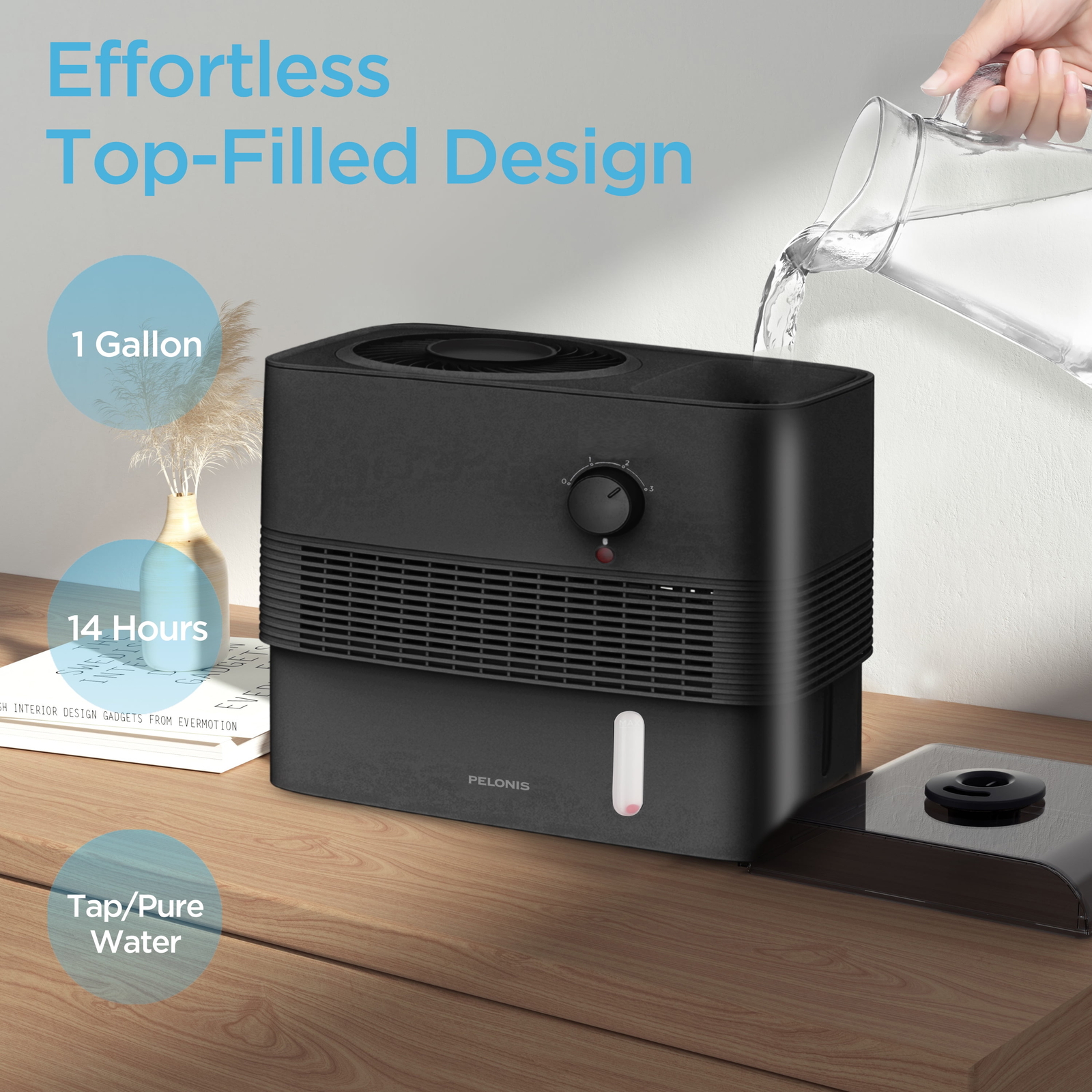 Pelonis 1 Gallon Evaporative Humidifier, Black