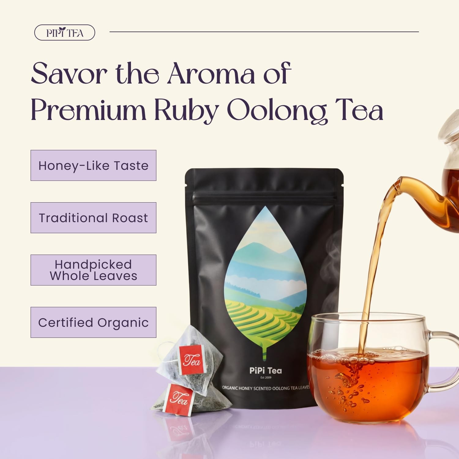 PiPi Tea Organic Oolong Bags – Whole Leaf, 20 (4g Each)