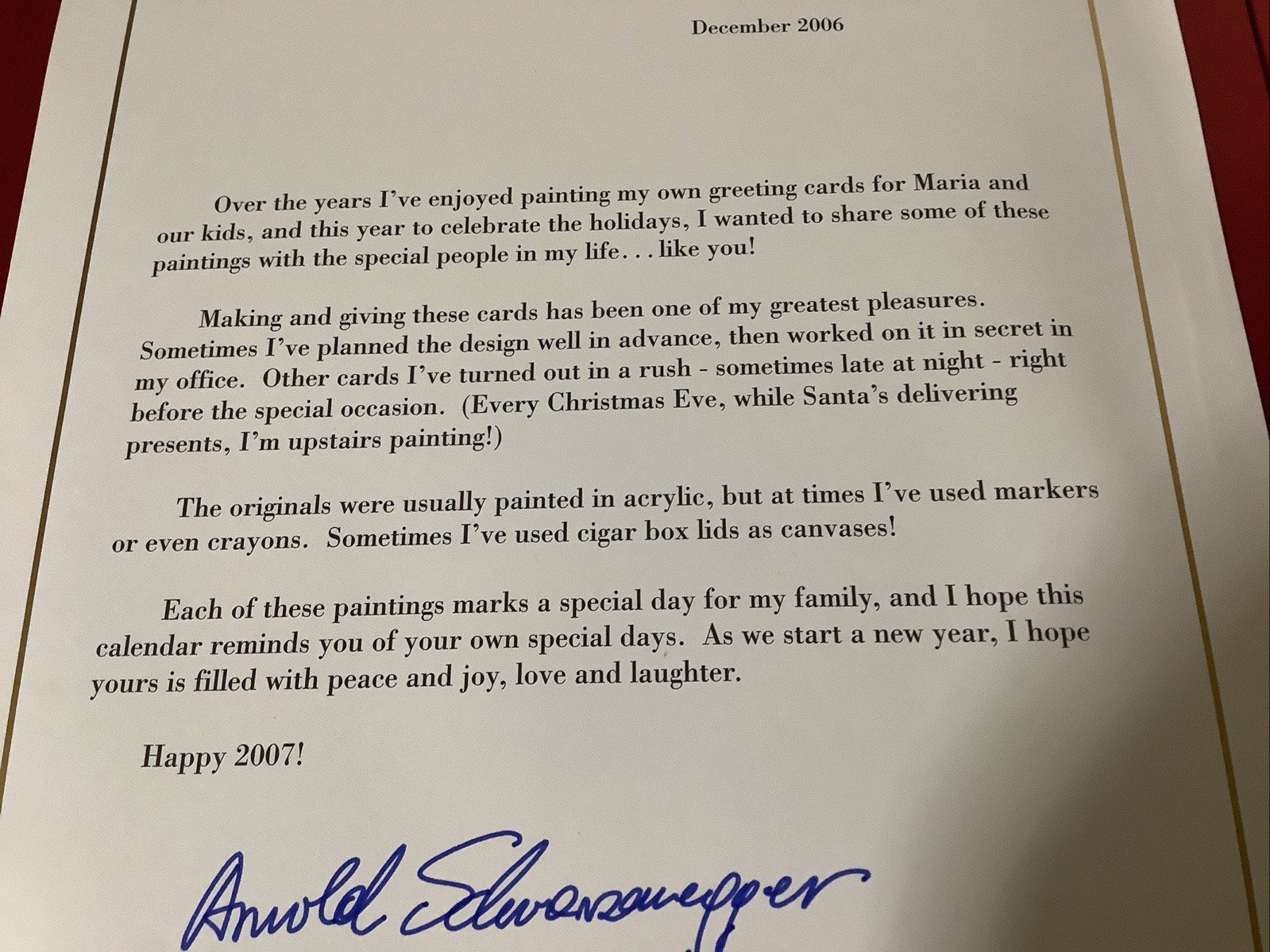 Rare Arnold Schwarzenegger 2007 Holiday Calendar Of His Art W/ Signed Letter