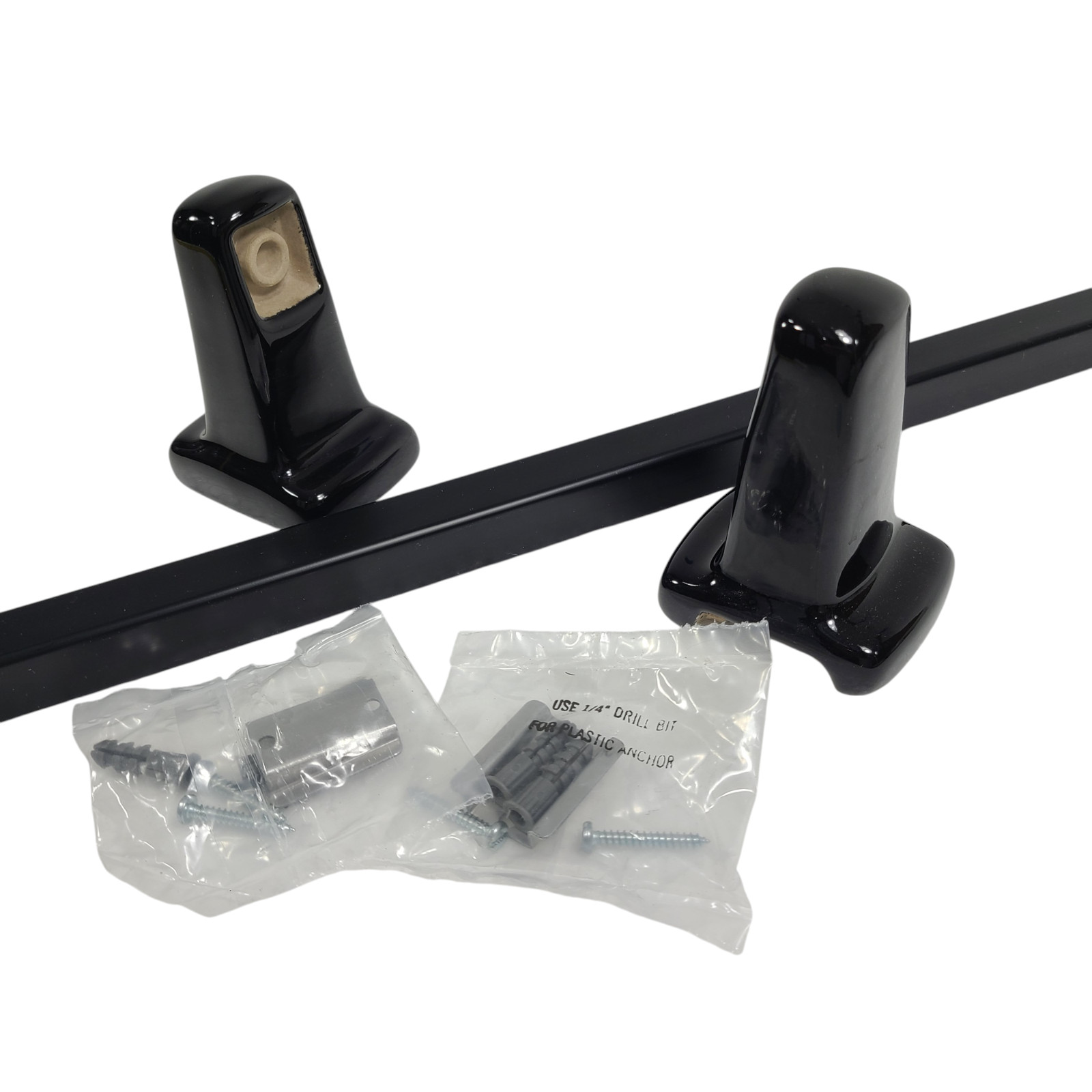 Vintage Black Ceramic Towel Bar Rod Rack Post Holders Bracket Screw in Drywall