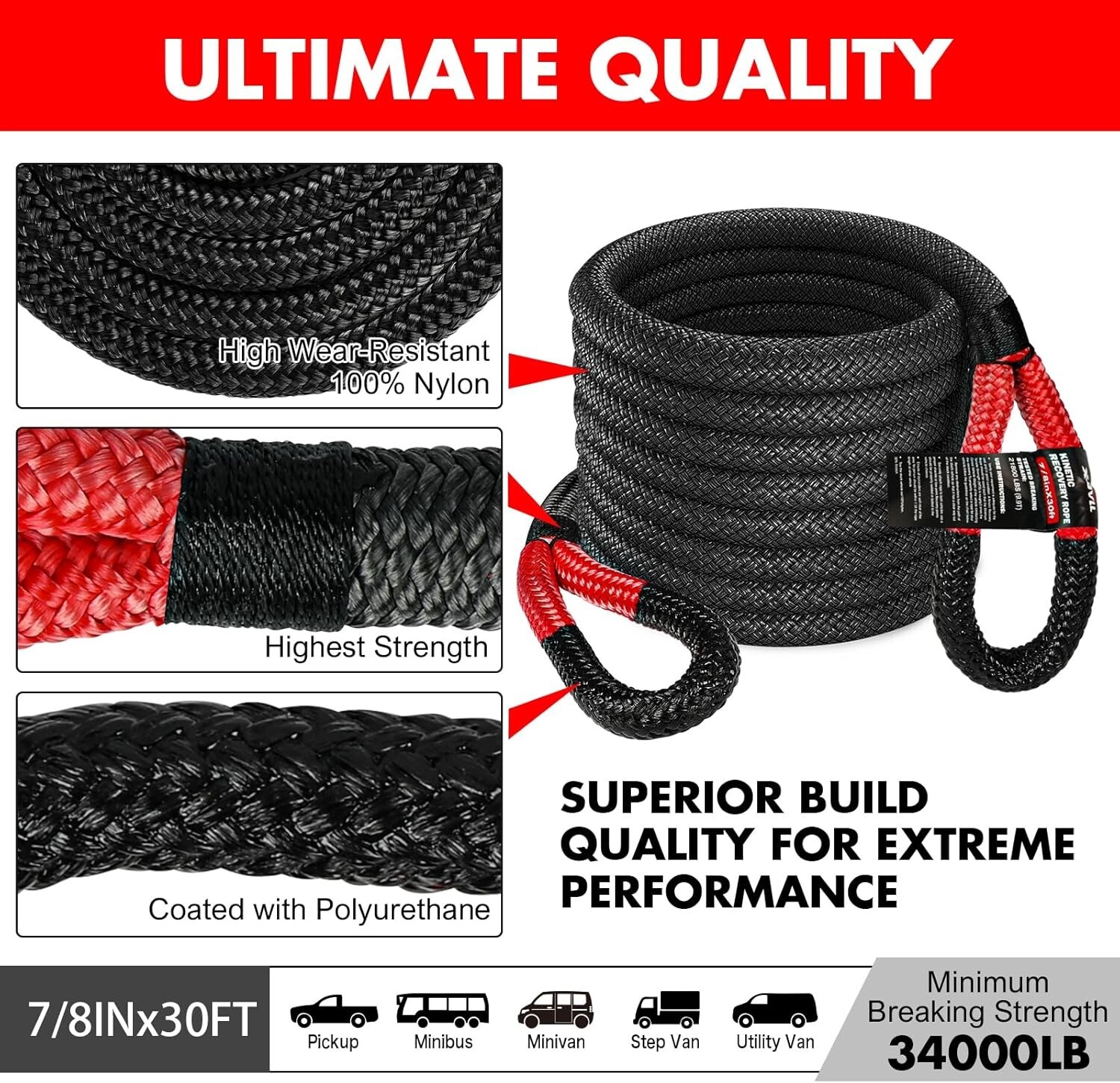 X-BULL Kinetic Rope Recovery Kit 30ft rope Soft Shackles Heavy Gloves 4WD Car