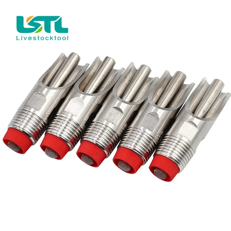 5pcs Stainless Steel Automatic Pig Nipple Drinker, Red Cap, Duckbilled, 1/2 inch