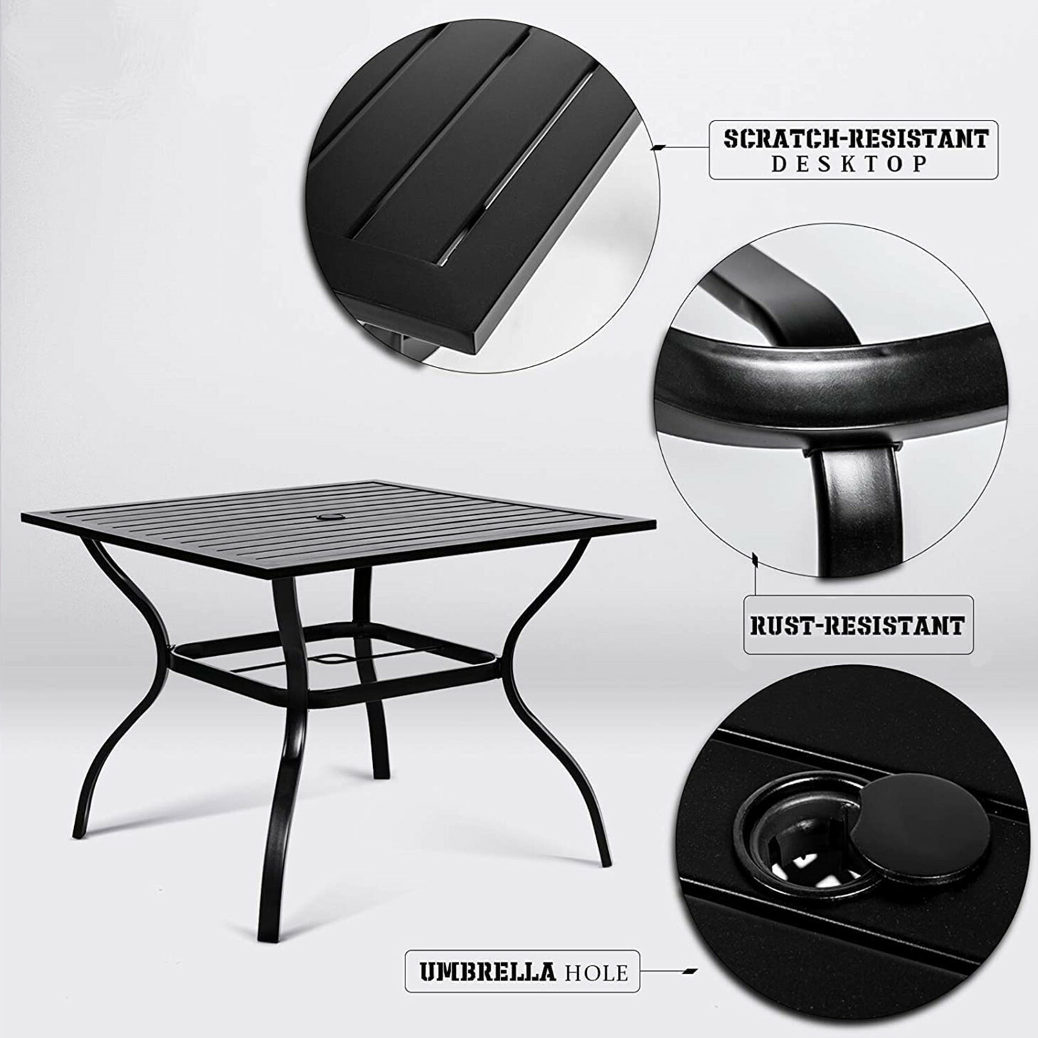 Patio Table with Umbrella Hole Outdoor Dining Table Metal Square for 4 Person