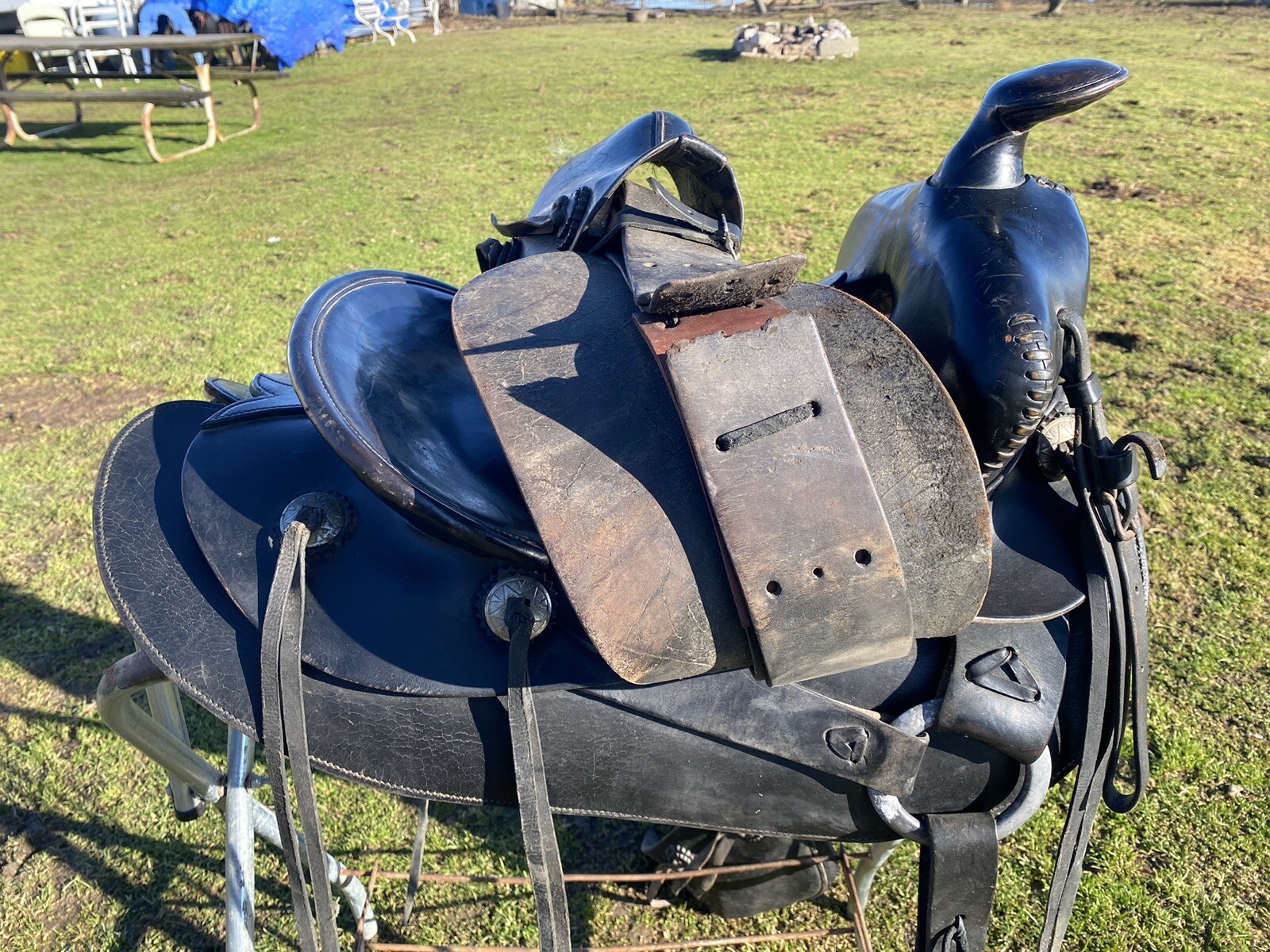 Antique/Vintage J. C. Higgins 15.5” slick seat Western saddle w/tapaderos