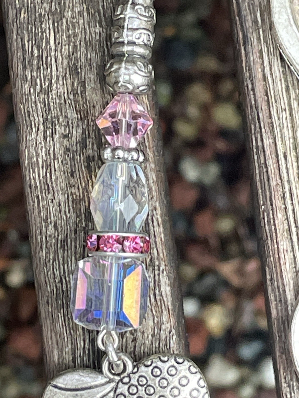 Heart Beaded Bookmark Handmade Crystals Pink Silver Tone Artisan Free Shipping