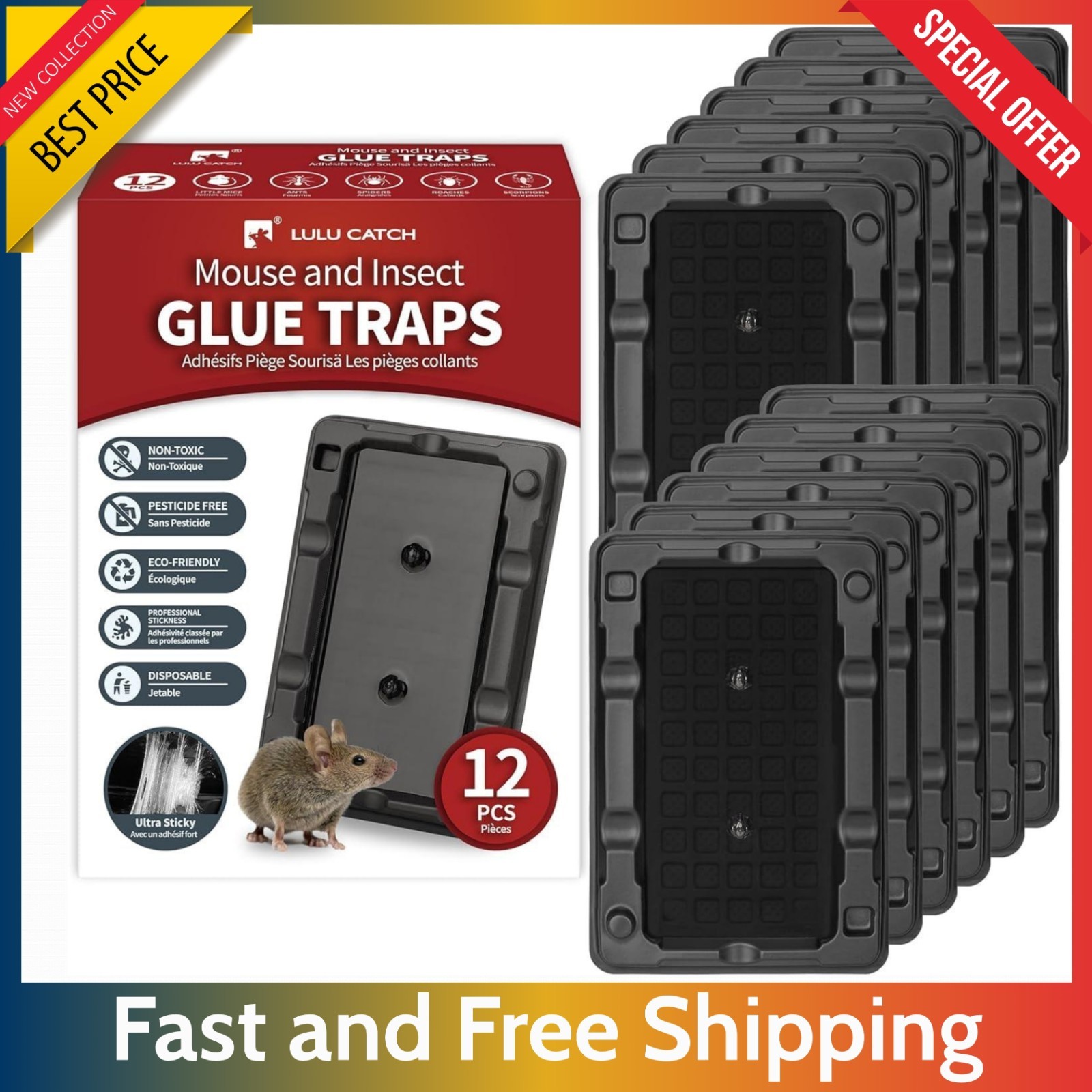 12 Pack Sticky Mouse Traps Indoor – LULUCATCH Non-Toxic Glue for Mice & Insects.