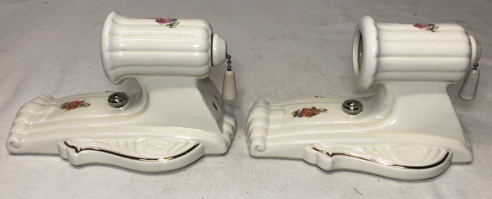 Porcelain Wall Sconce Pair Vtg Ceramic Light Fixture Flower Gold Art USA #i29