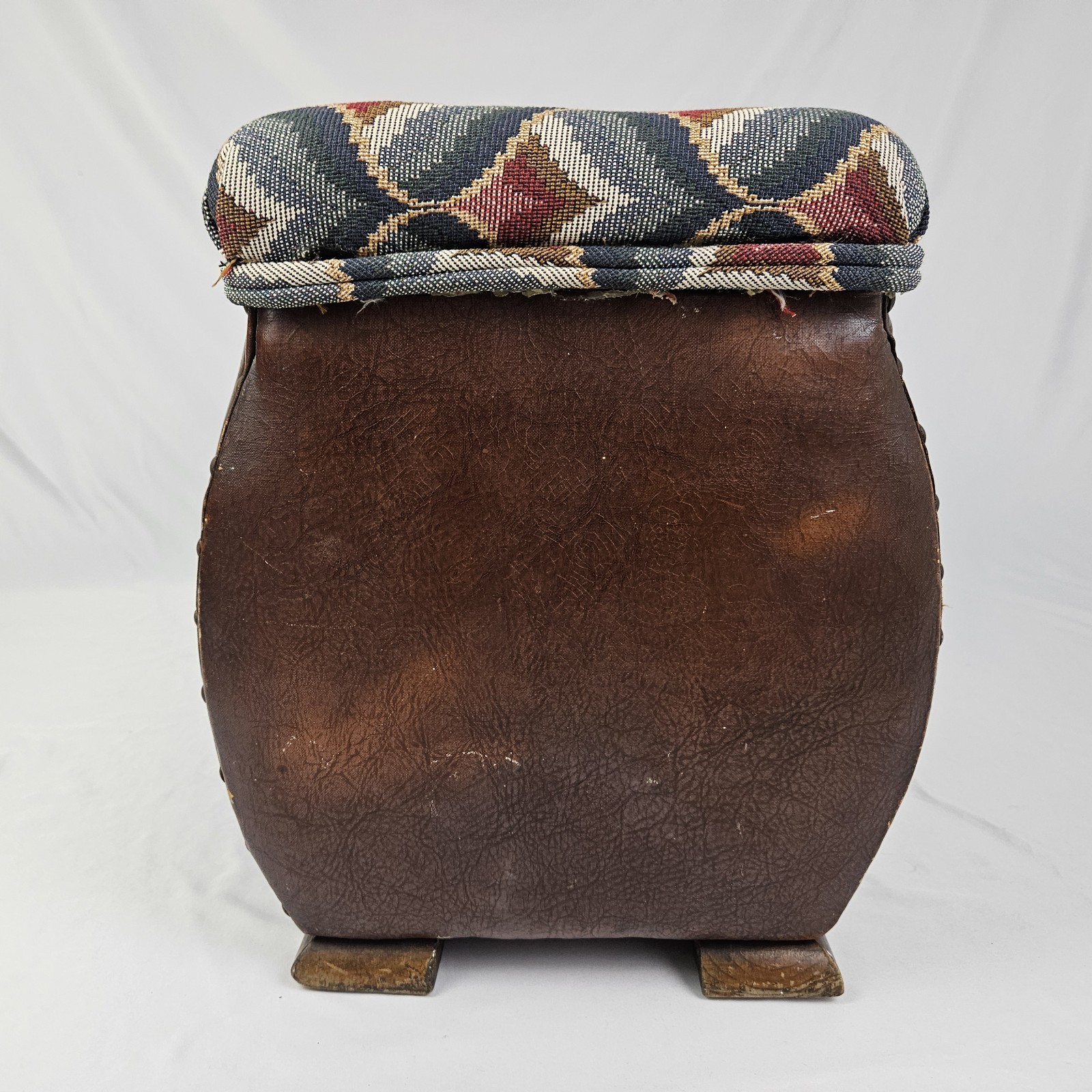 Chinoisiere Footstool Ottoman Leather Upholstered Vintage Chinese Chippendale