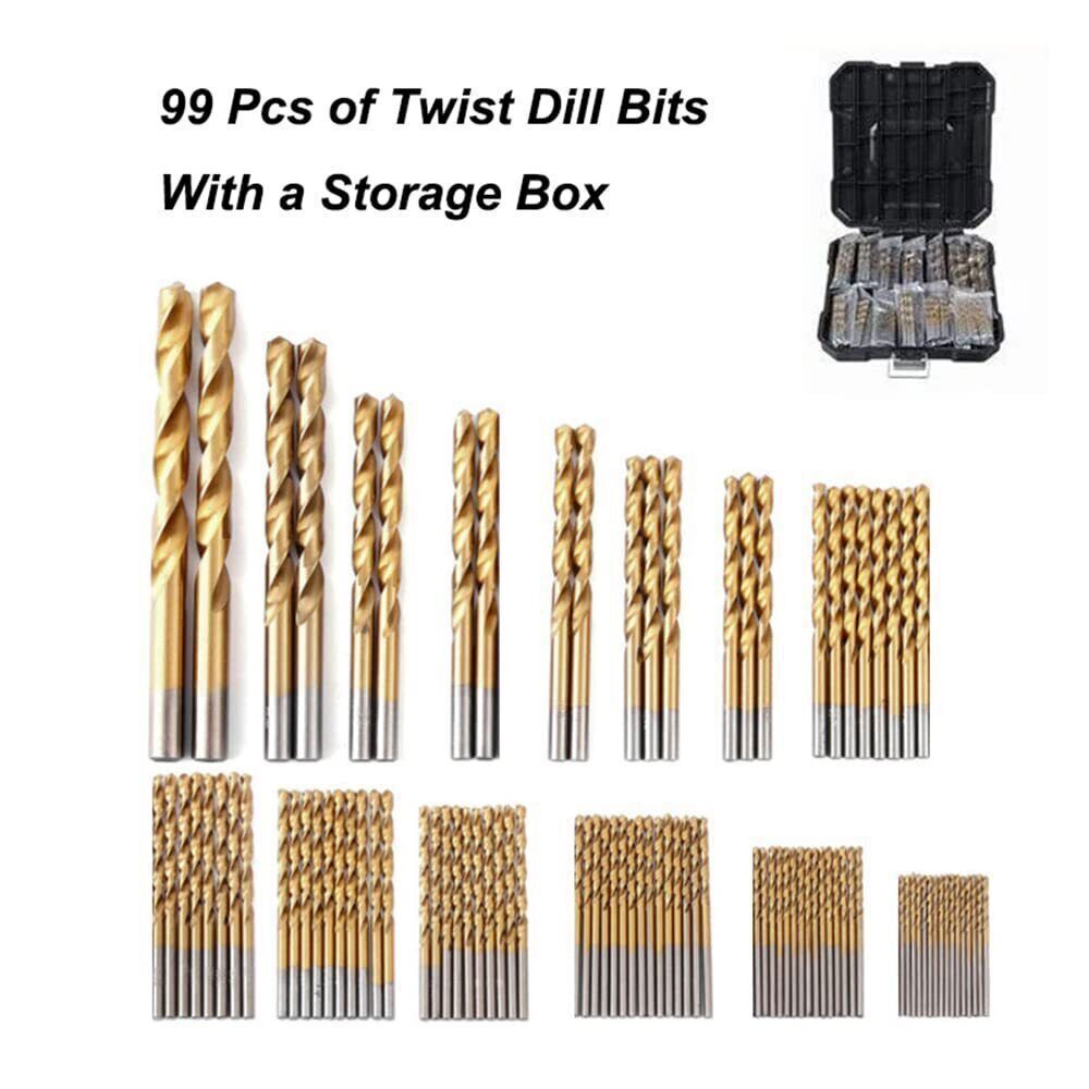 99 PCS HSS 135° TIP TITANIUM COATED TWIST DRILL BIT SET 1.5-10MM IRON BOX USA