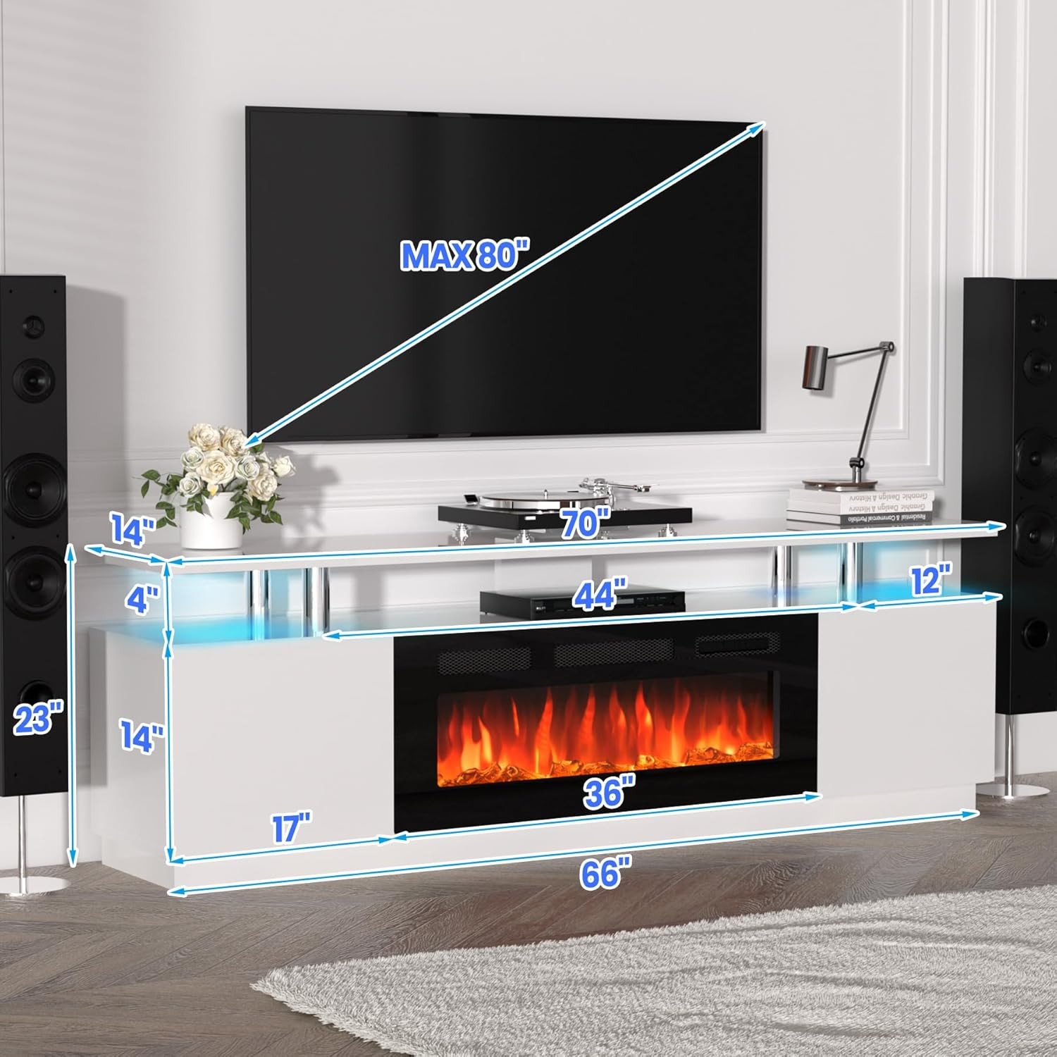 70 In 2 Tier TV Console Stand Cabinet With 36 In Electric Fireplace Heater White