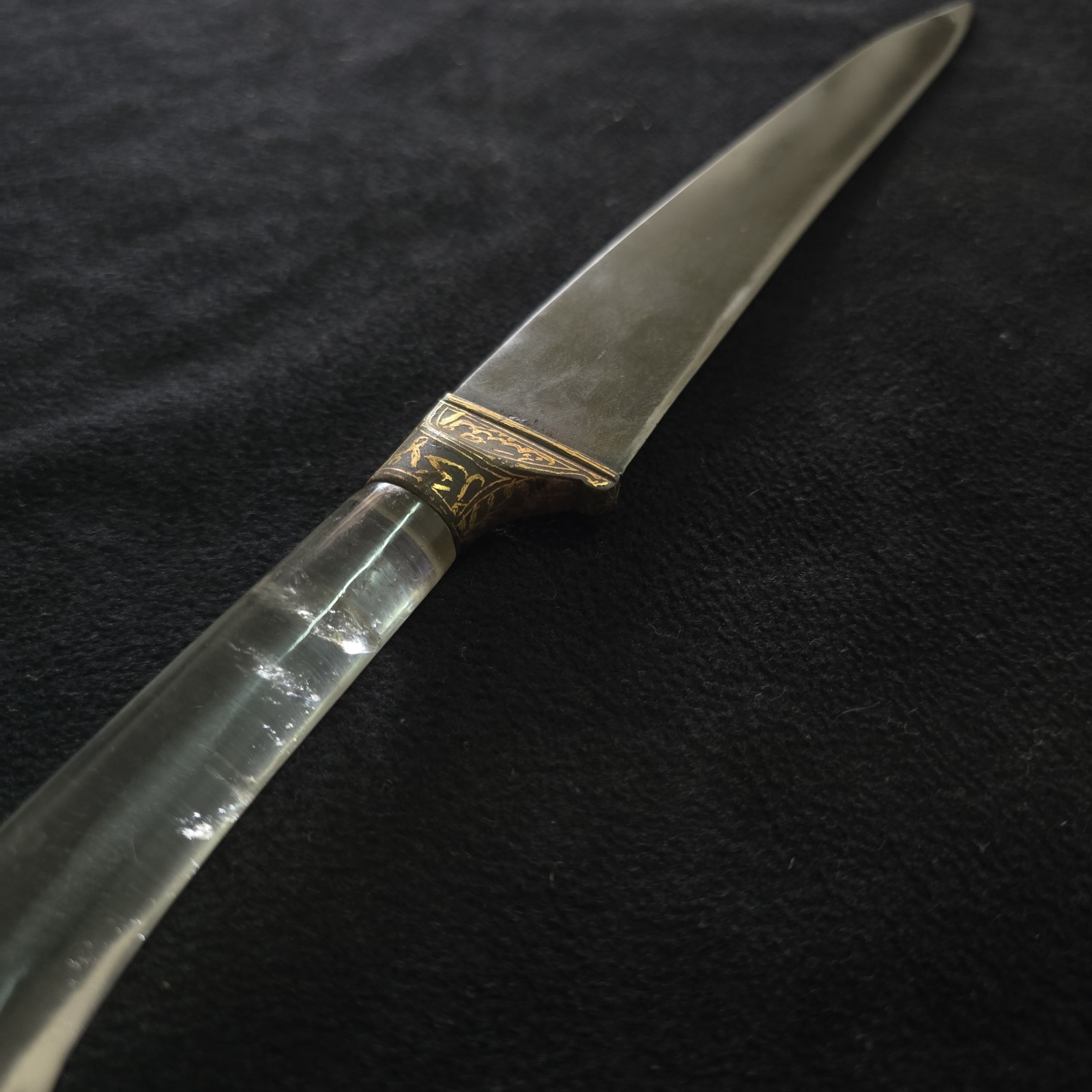 Vintage Indian Mughal Style Rock Crystal Wootz Gold Damascened Kard Dagger 12"