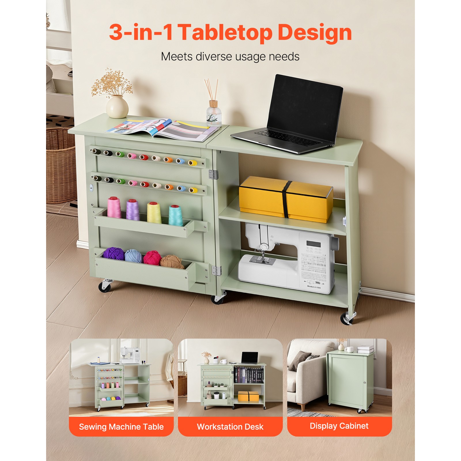 Uimoso Folding Multipurpose Sewing Table with Compact Design, Light Green