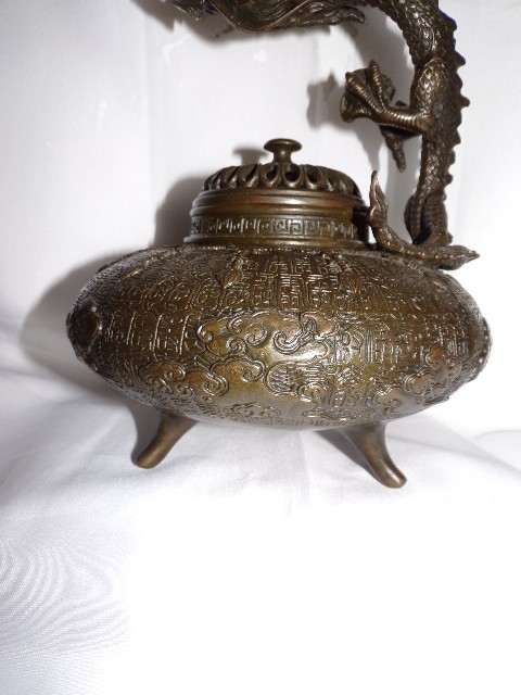 Antique Chinese Bronze Dragon Incense Burner Censer 9"