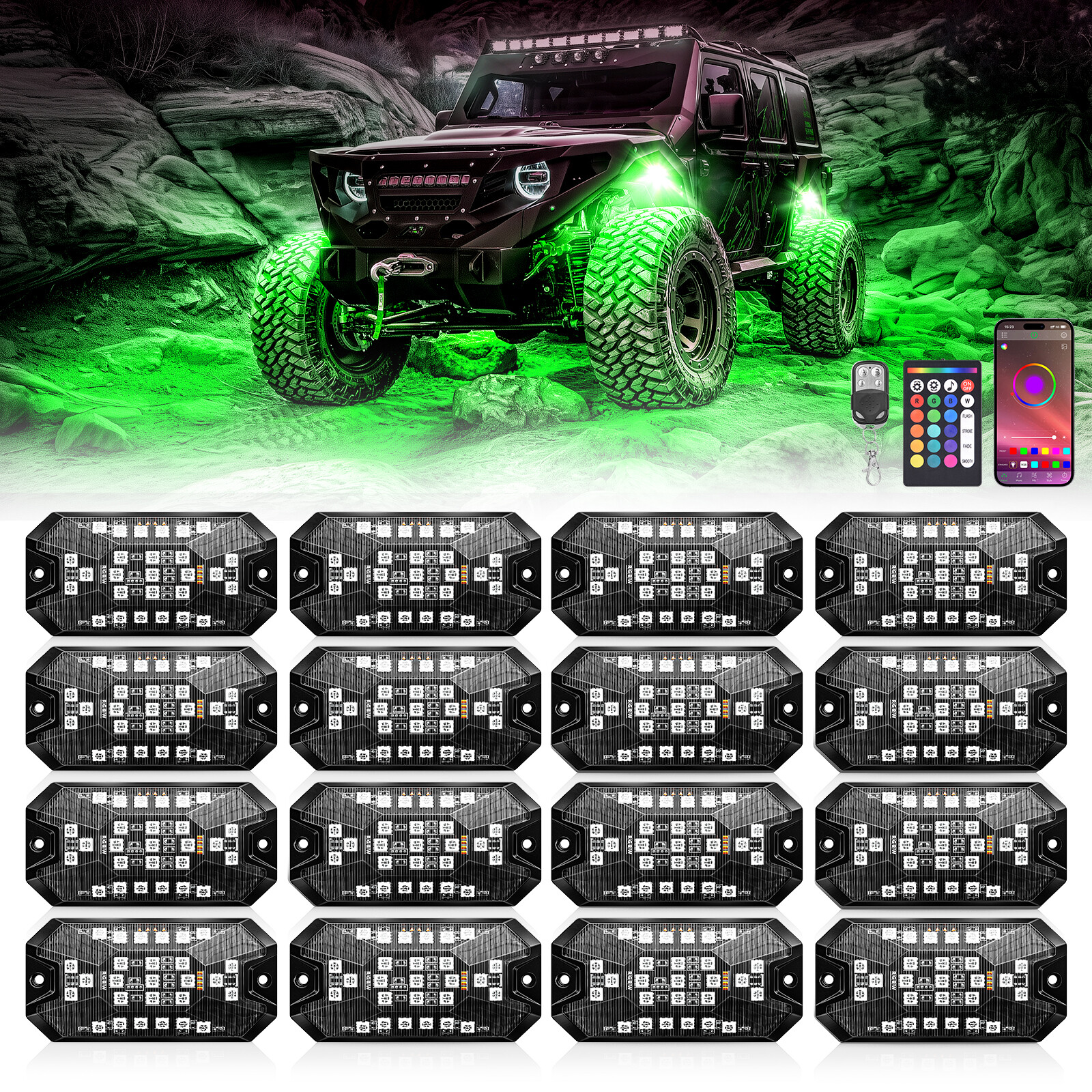 16-Pods RGBW LED Underglow Rock Lights for Trucks Cars, App & Remote Controller