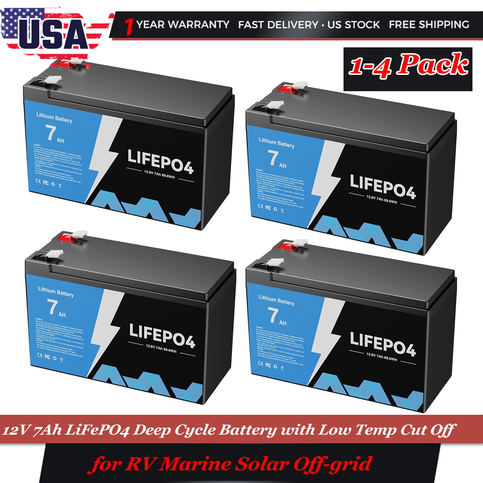 12V LiFePO4 Deep Cycle Battery 7Ah Rechargeable BMS For RV Marine Solar Off-grid