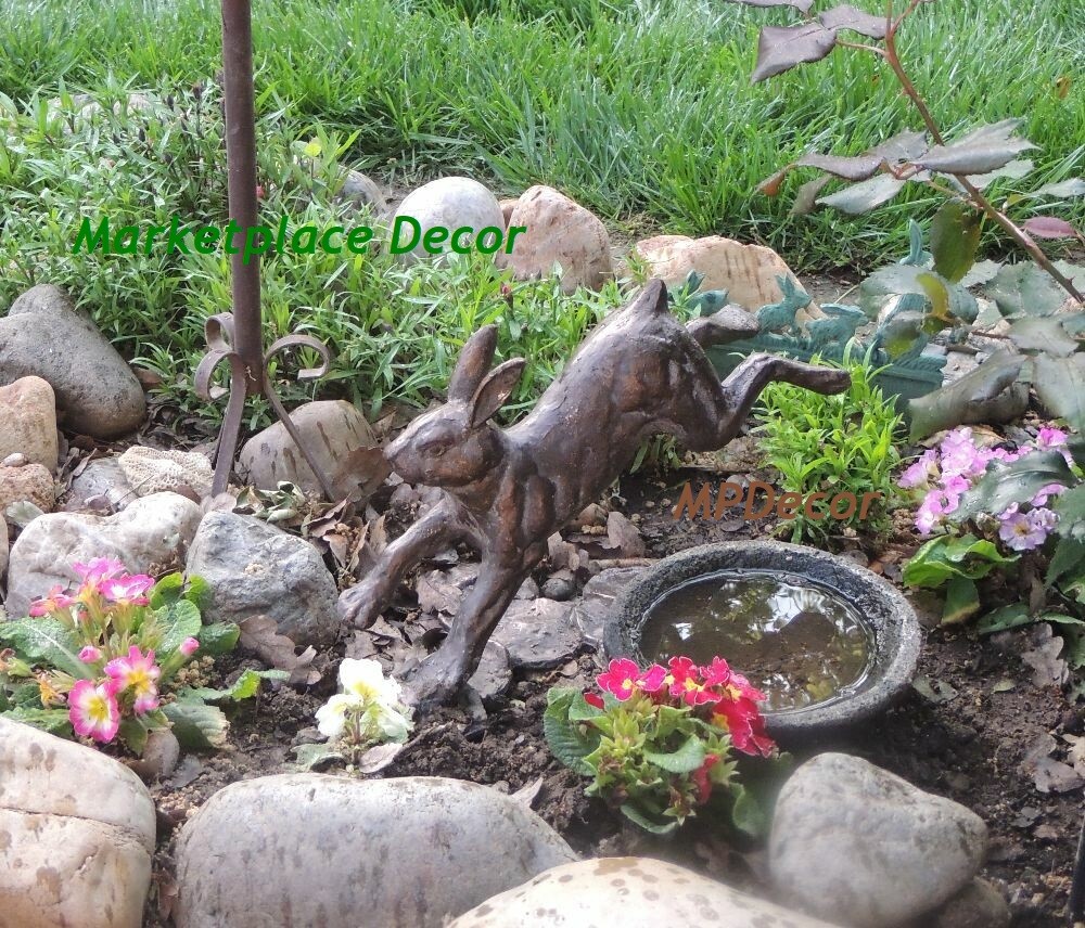 Running Rabbit Garden Sculpture Statue Metal Bunny Bronze Finish Outdoor Indoor