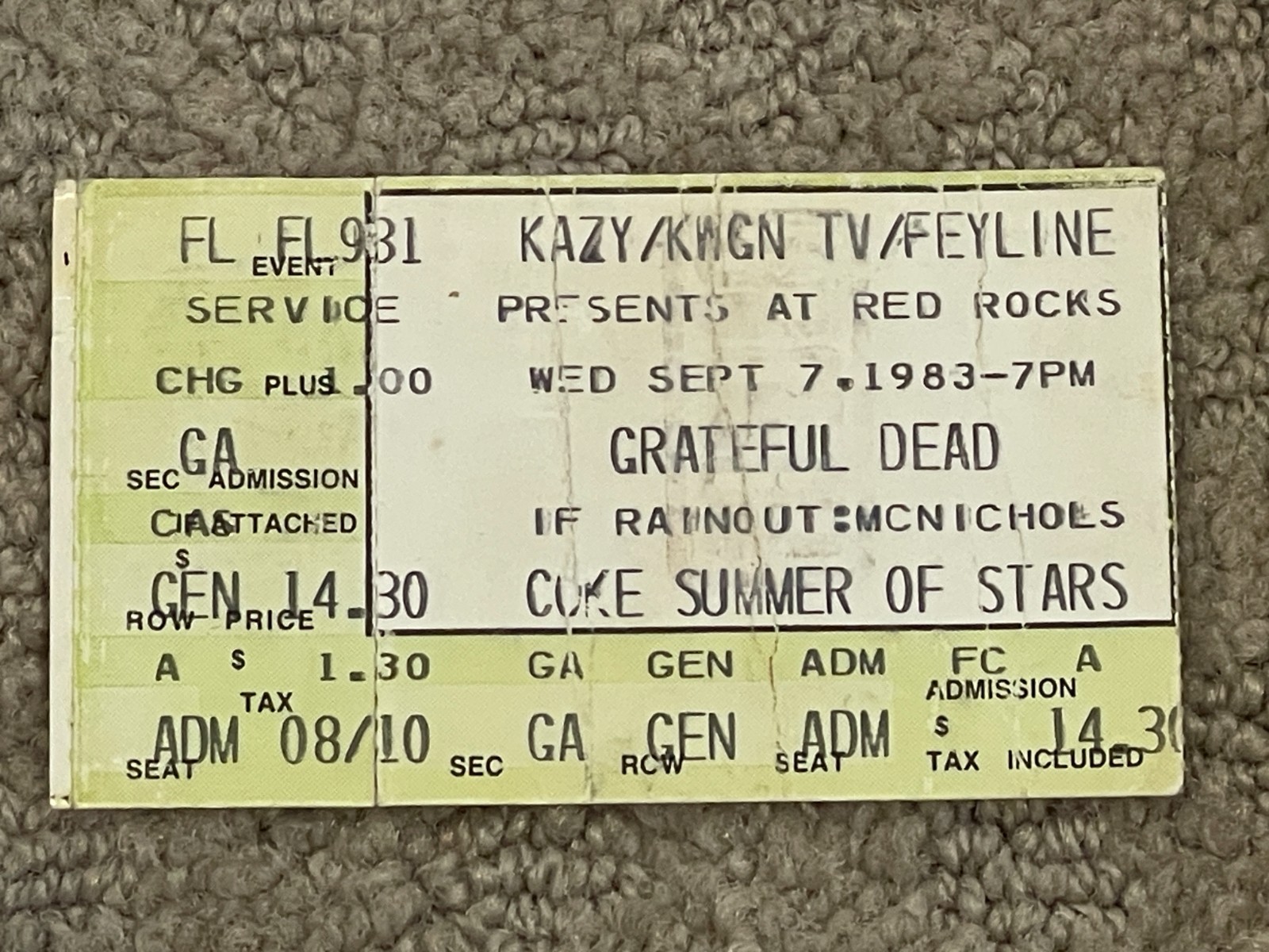 Vintage Concert Ticket - Grateful Dead - Sept. 7, 1983 - Red Rocks Amphitheater