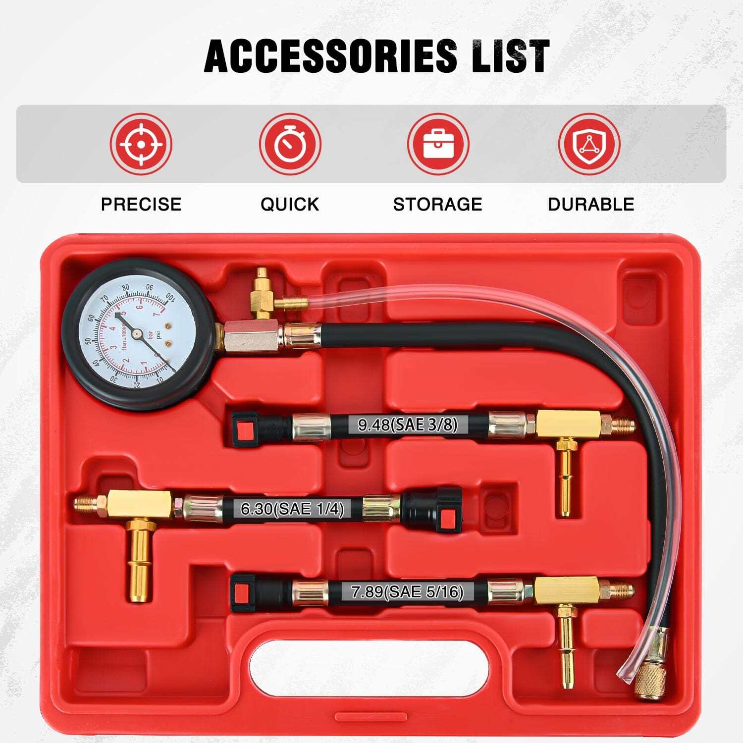 4pcs Fuel Pressure Gauge Tester Kit with 6.30 7.89 9.49 Fuel Line Fittings