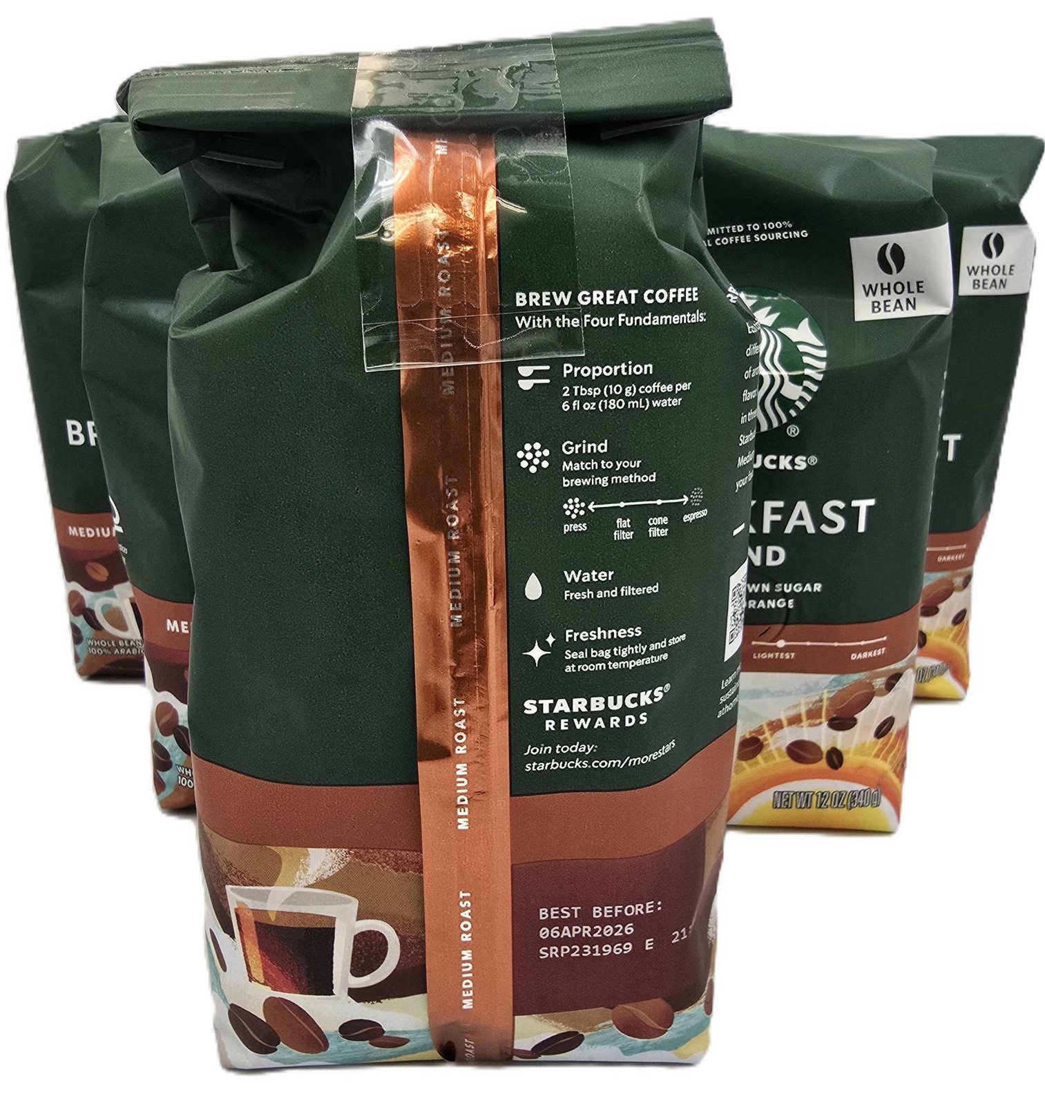 Starbucks Whole Bean Medium Roast Coffee Breakfast Blend (3/12oz Bags) BB 4/6/26