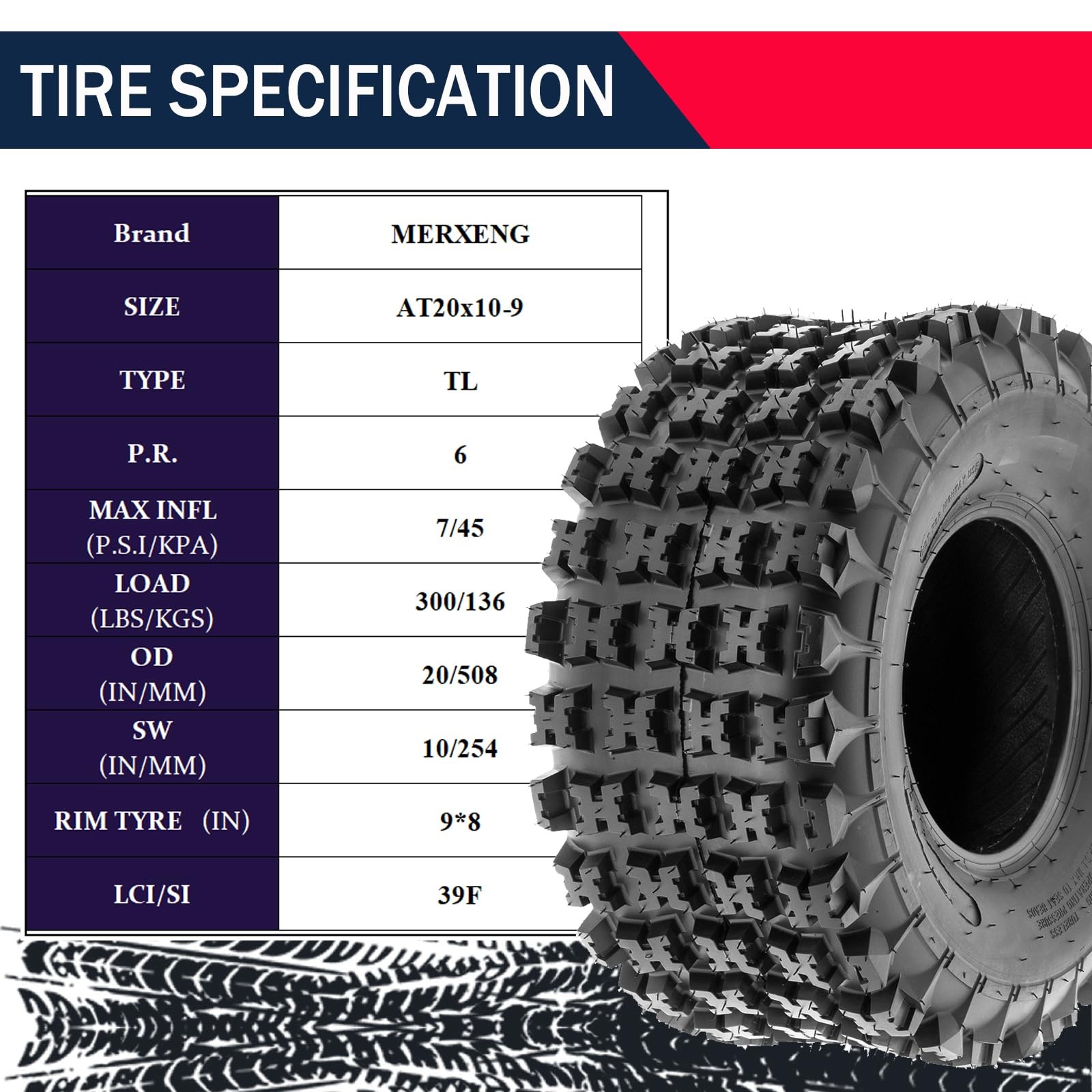 Set 2 Rear 20x10-9 ATV Tires 6PR 20x10x9 UTV Tires 20 10 9 All Terrain Tubeless