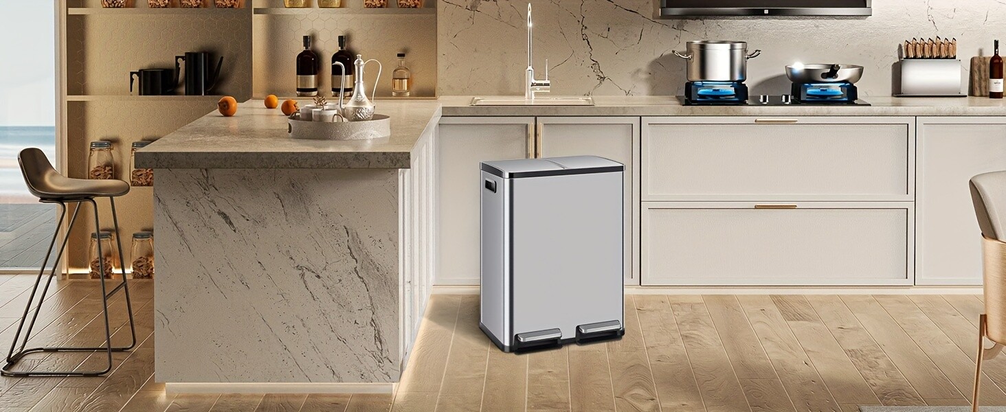 60 Liter Lid Trash Can Large Stainless Waste Bin Compartment Plastic 2x8 Gallon