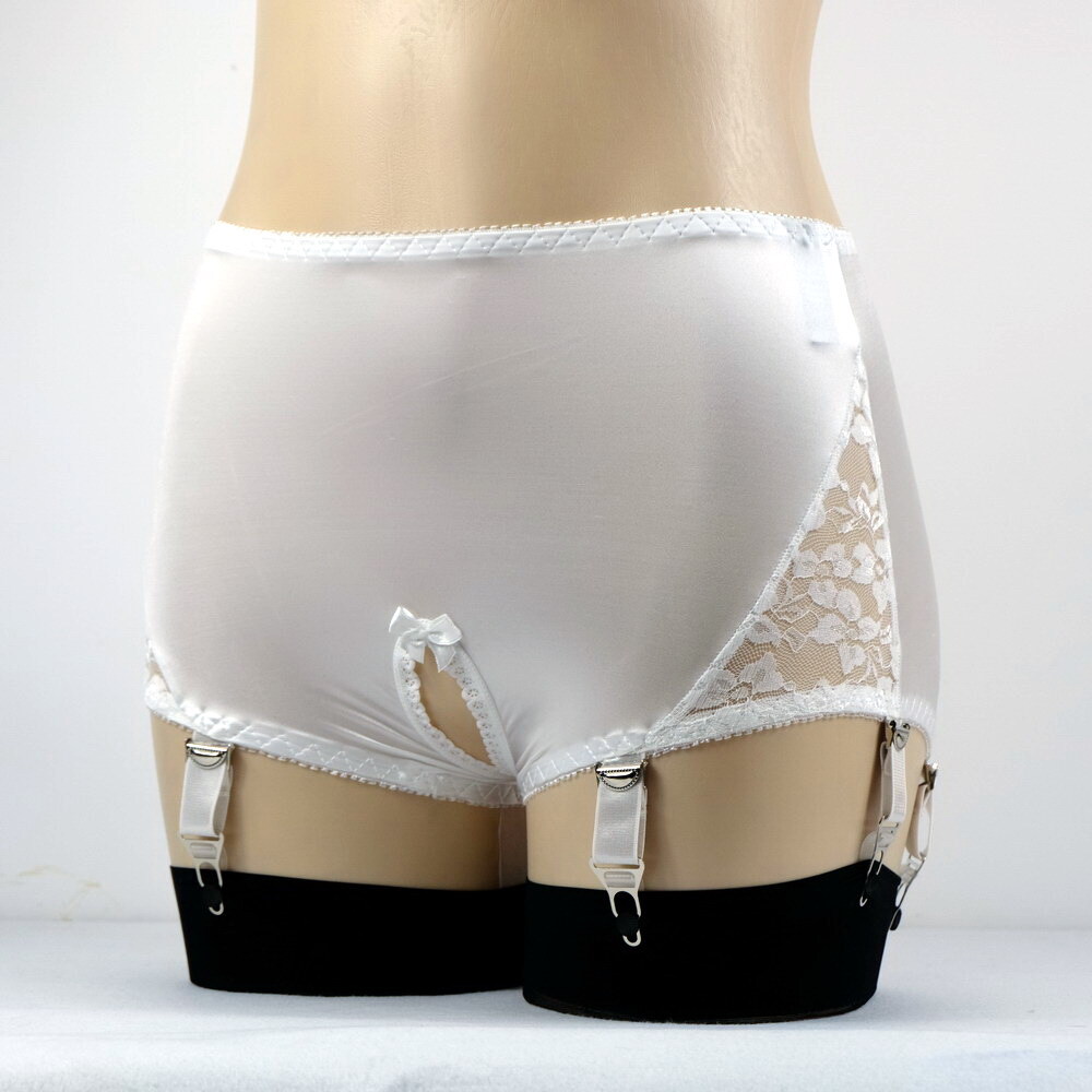 Luxallacki Crotchless Garter Panties 6 Straps Metal Clips Lace Satin Lingerie