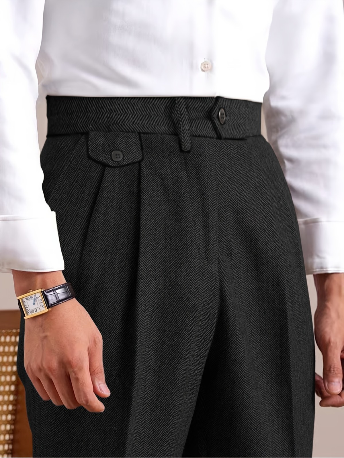 Herringbone Mens Dress Pants Pleated Straight Leg Formal Pants for Work Wedding