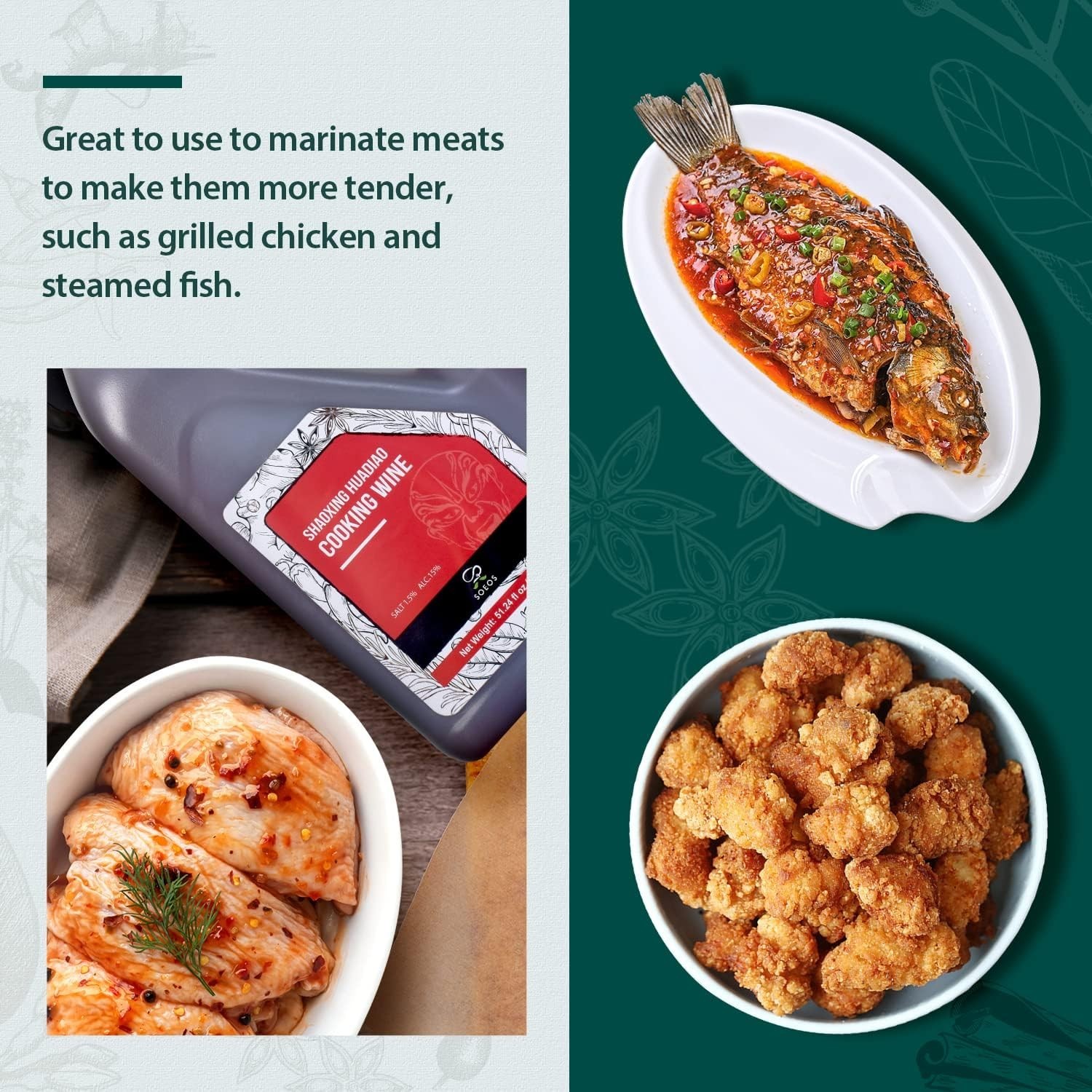 Soeos Shaoxing Cooking Wine, 51.24oz (1500ml), Chinese Cooking Wine, Shaoxing Hu