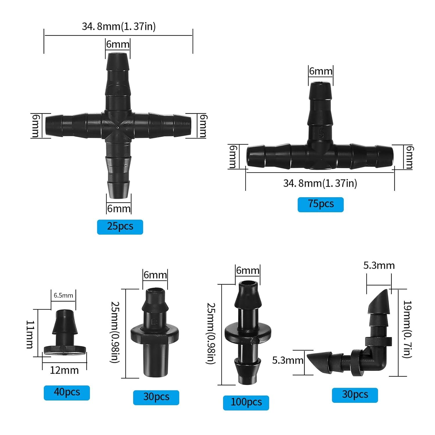 300 Pcs Irrigation Fittings Kit, Drip Irrigation Barbed Connectors 1/4'' Tubing