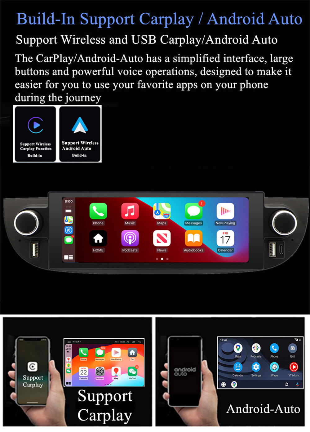 6.86in Touch Screen Car Radio Player USB RDS 4+32G Fit For Fiat 500 2007-2018