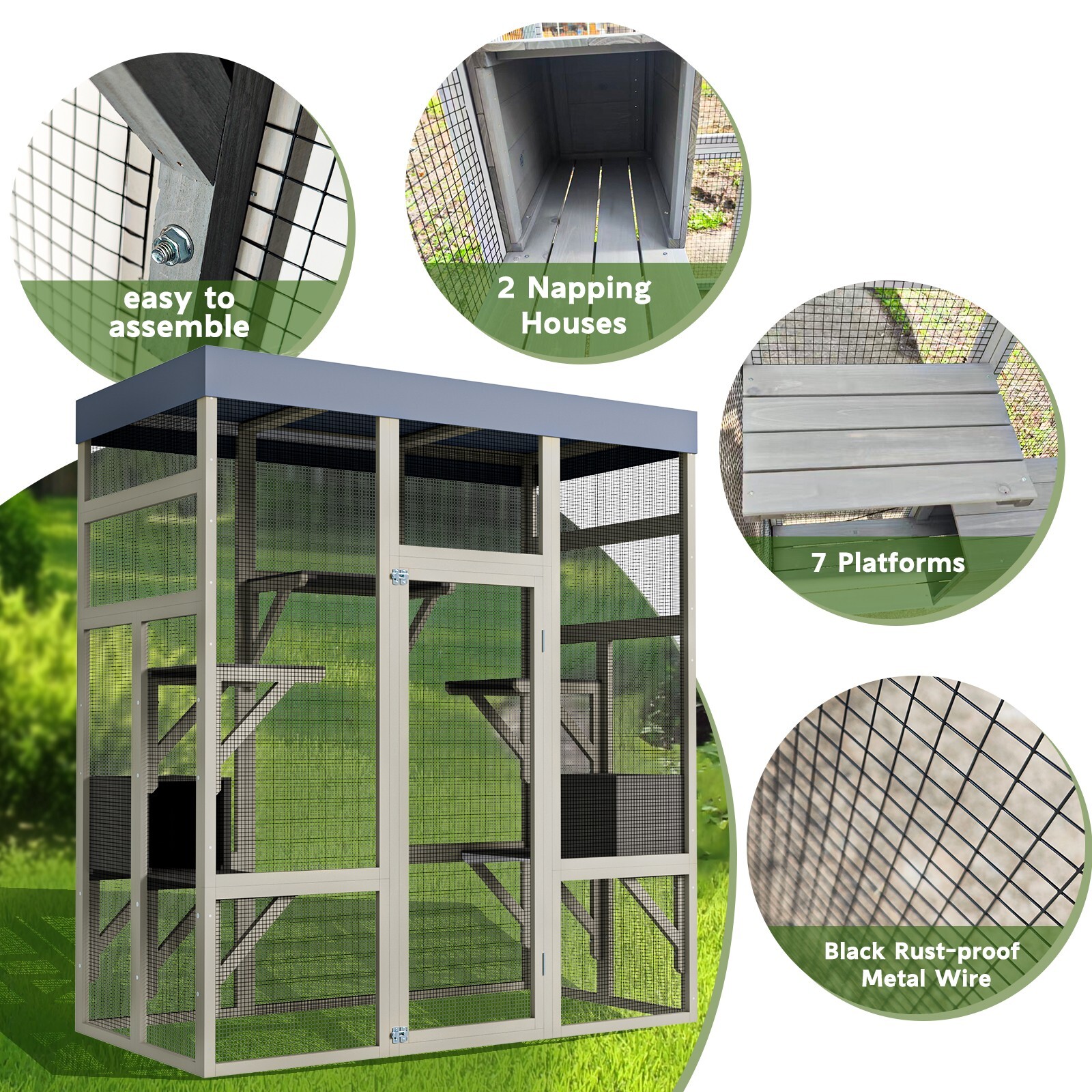70.1" H Outdoor Cat House Enclosure Catio Wooden Large Cage Pet with Platforms