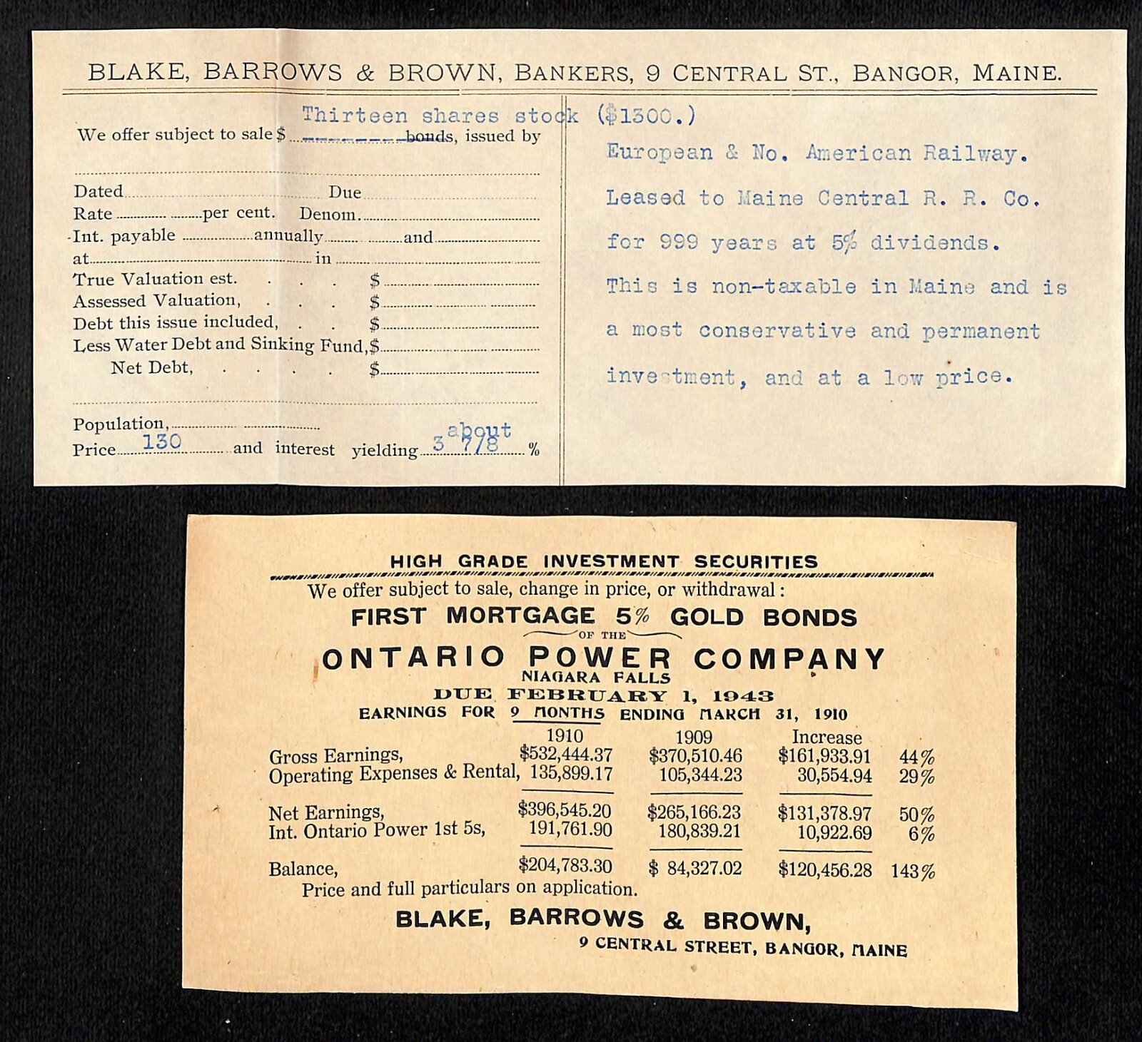 Newburgh, ME Amos W. Knowlton* 1910 Bangor Blake, Barrows & Brown Securities