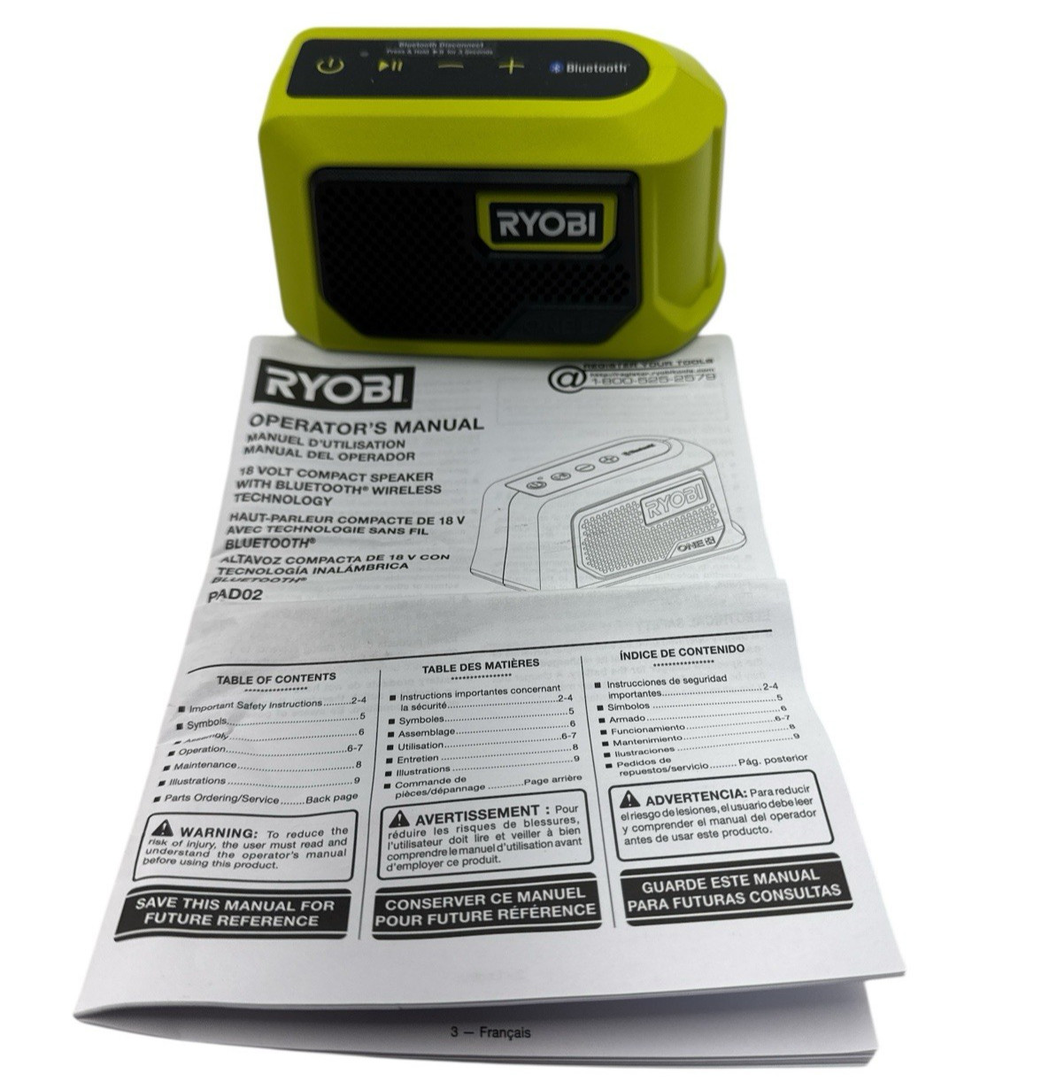 Ryobi ONE+ Portable Compact Smart Bluetooth Speaker PAD02 Tool Only (OB)