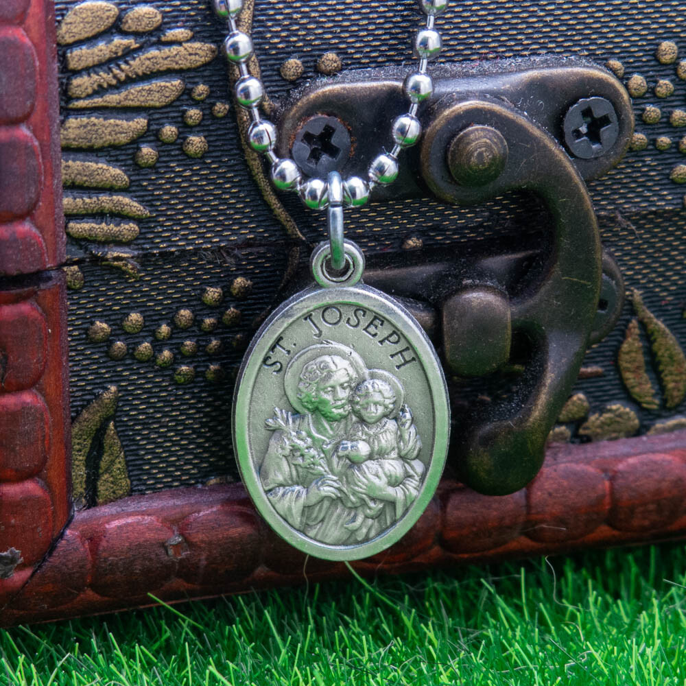 Patron Saint St Joseph Pray For Us 1" Medal Pendant Necklace 24" Chain Italy