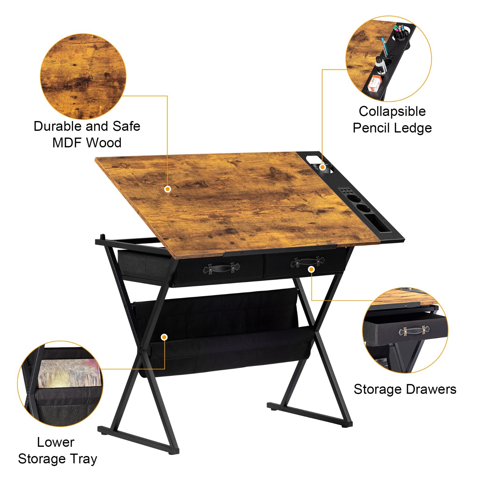 Art Craft Table Drawing Table Tiltable Tabletop w/Stool and 2 Storage Drawers