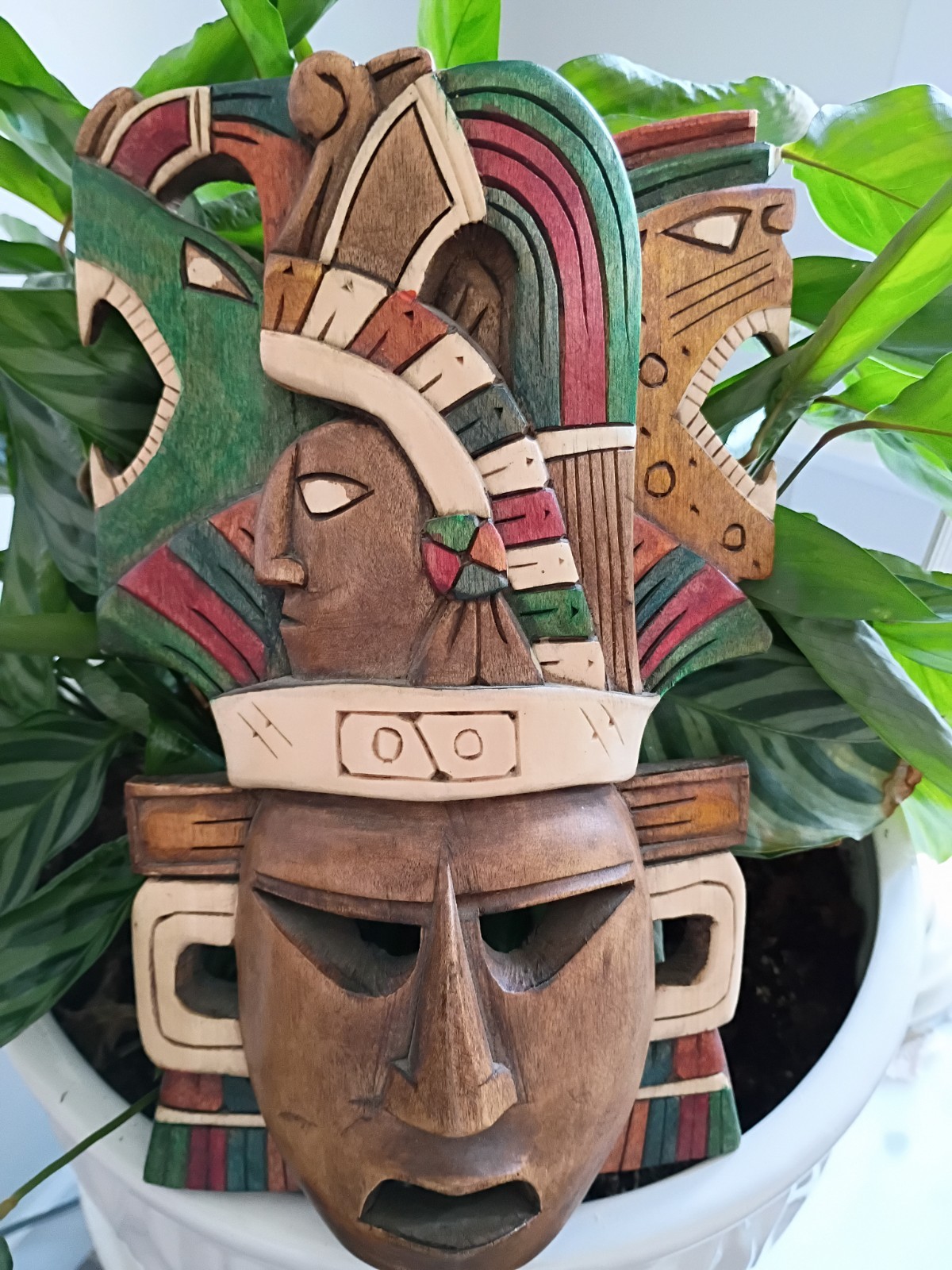 Hand Carved Wood Aztec Tribal Sculpture Mask Totem Mexican Riviera Yucatan Art
