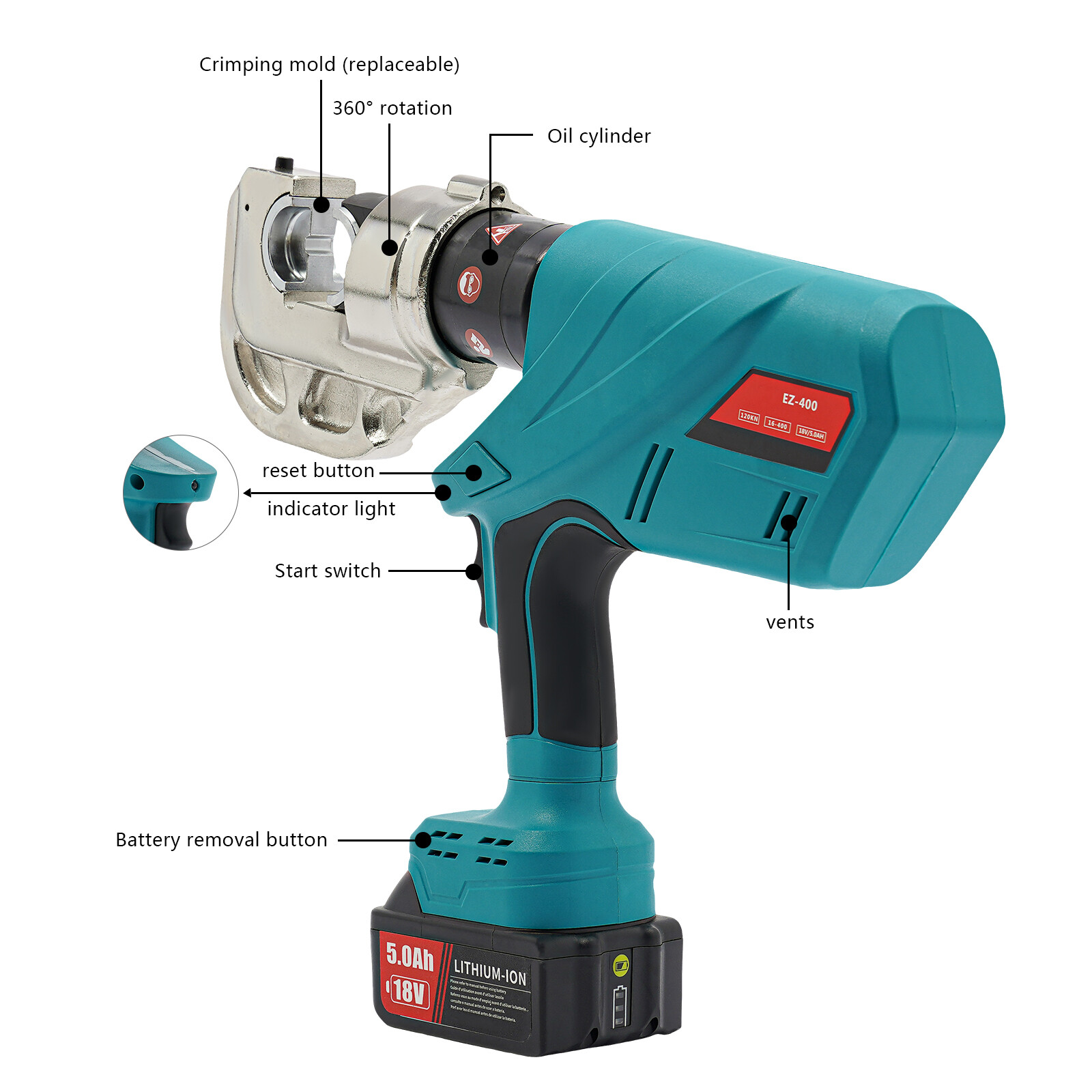 Electric Hydraulic Plier Rechargeable Battery Powered Crimping Tool 18V 10-400m㎡