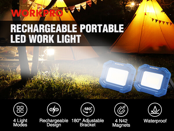 WORKPRO 2Pack Rechargeable 2000LM LED Work Light Magnetic Super Bright Worklight