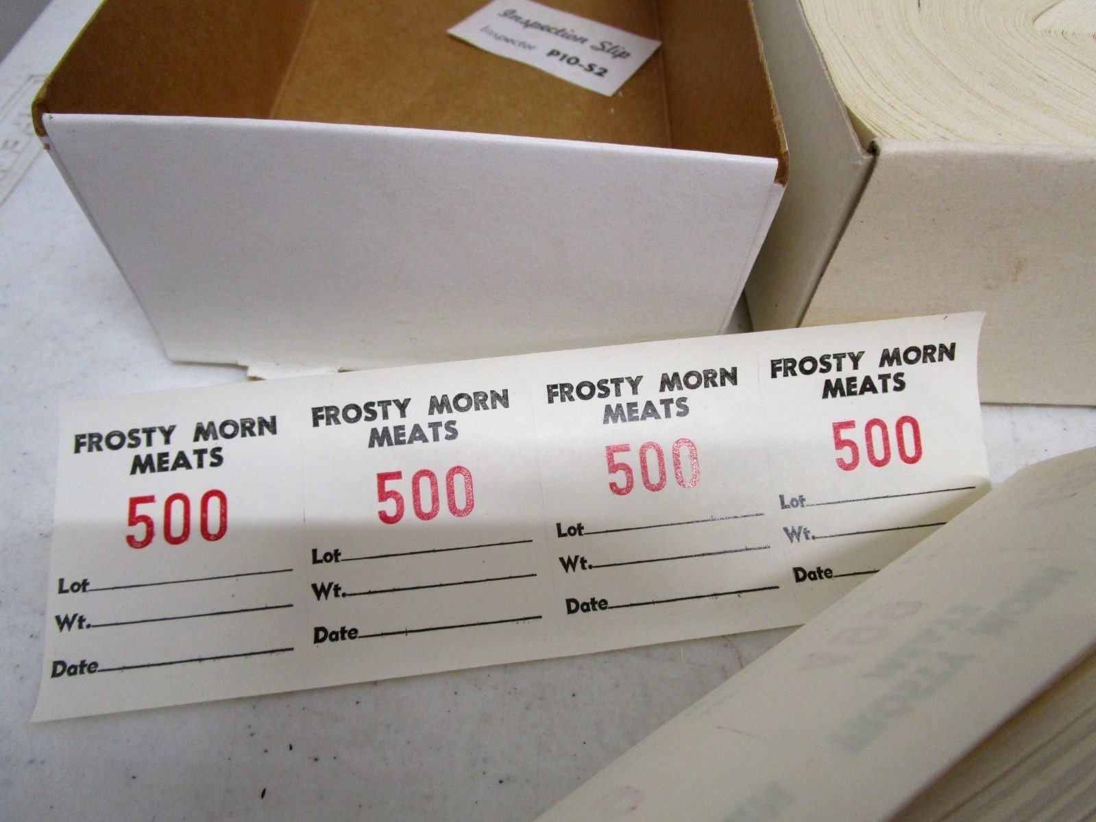 VINTAGE NOS FROSTY MORN MEATS FOOD GROCERY STORE 1-1000 PAPER TAGS