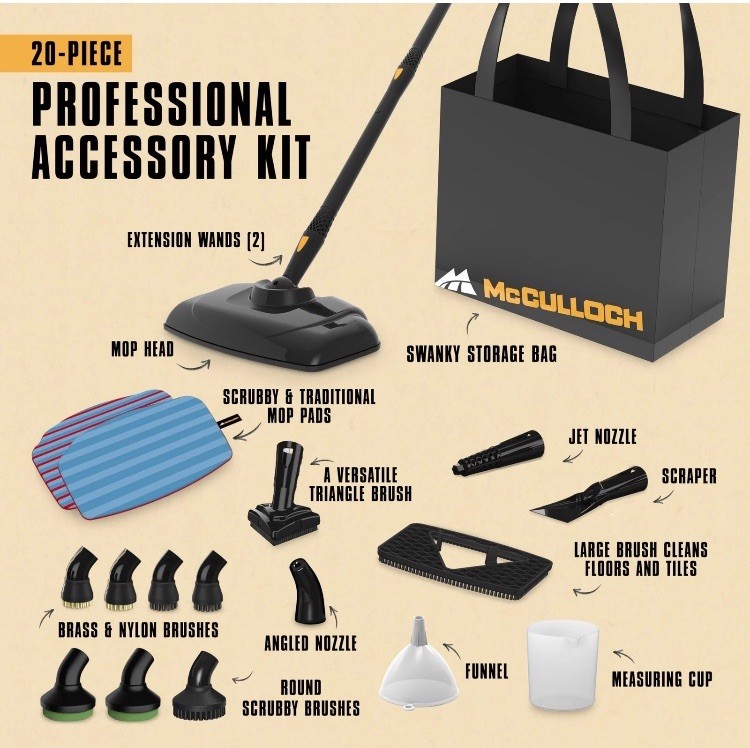 20 pc McCulloch Canister Steam Cleaner MC1375 1500W 48oz w/accessories New